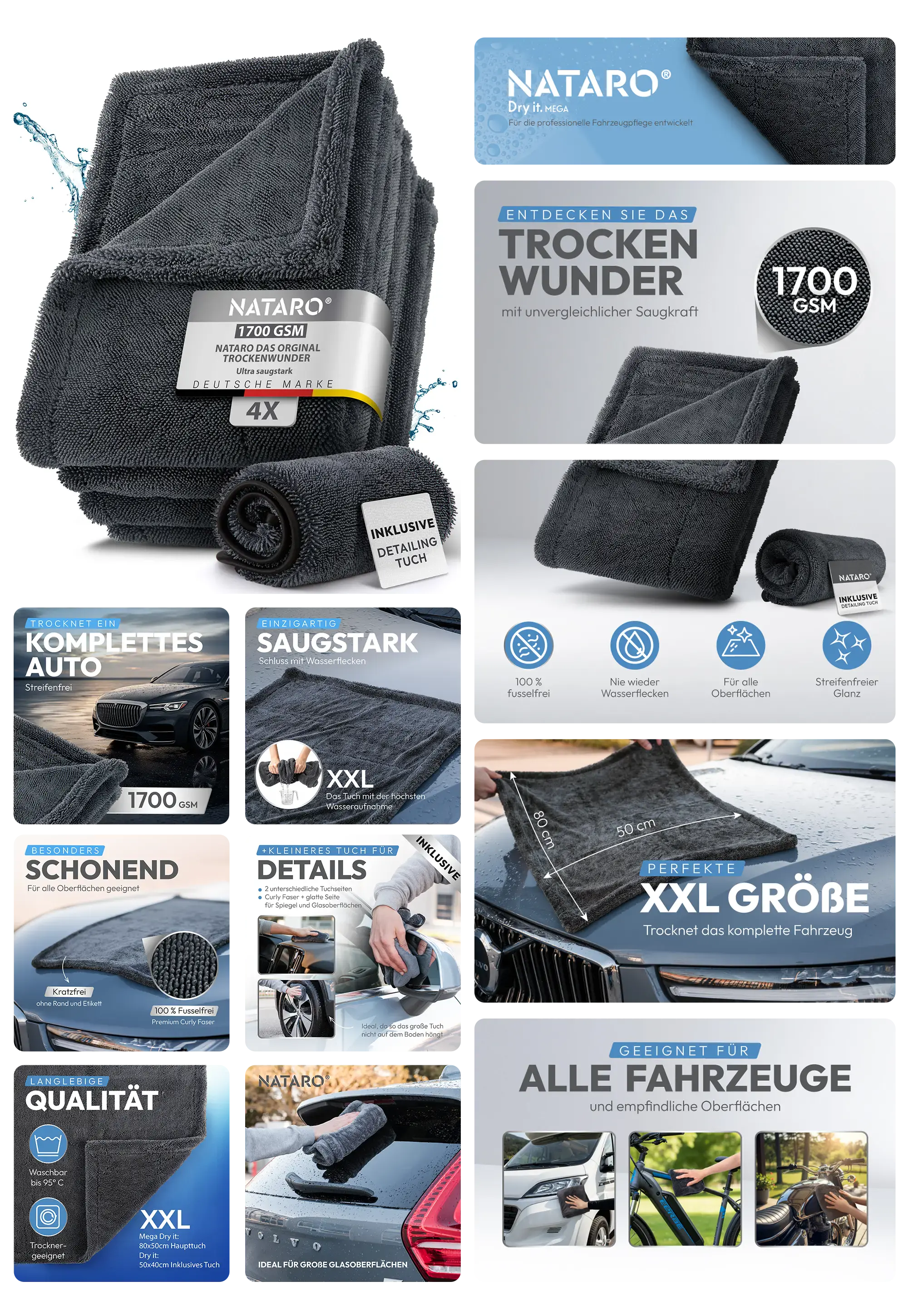 graues, dickes Mikrofaser-Trockentuch im 4er-Set, gezeigt beim Trocknen eines Autos und in Detailansichten