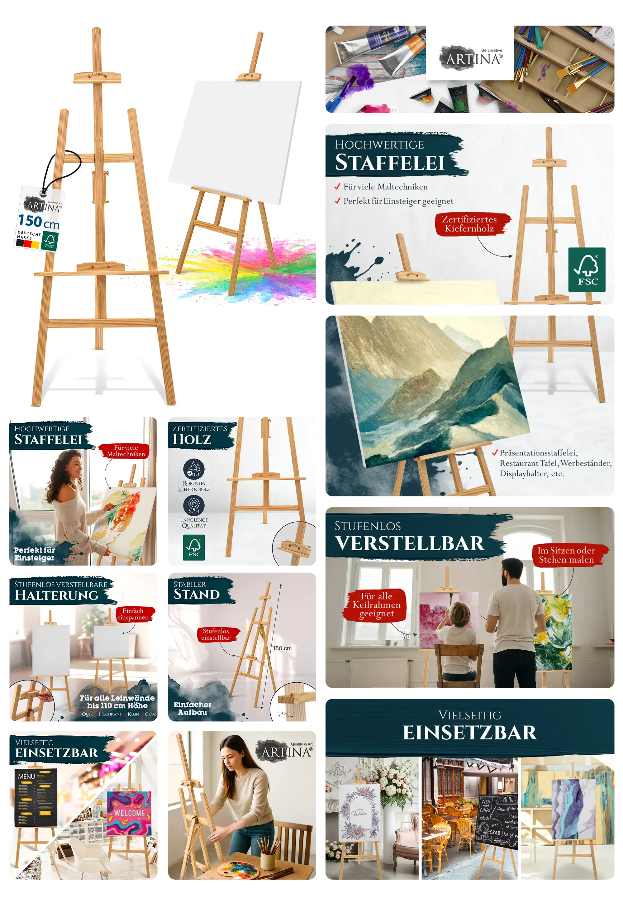 eine höhenverstellbare Holzstaffelei der Marke "ARTIINA" mit Leinwand, gezeigt im Einsatz beim Malen und als Präsentationsständer