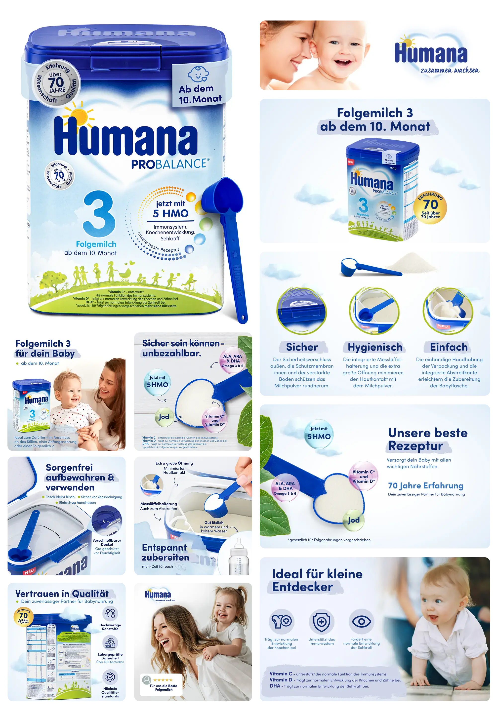 Dose der Babynahrung Humana PROBALANCE® mit blauem Messlöffel, gezeigt im Kontext der Zubereitung und in der Anwendung