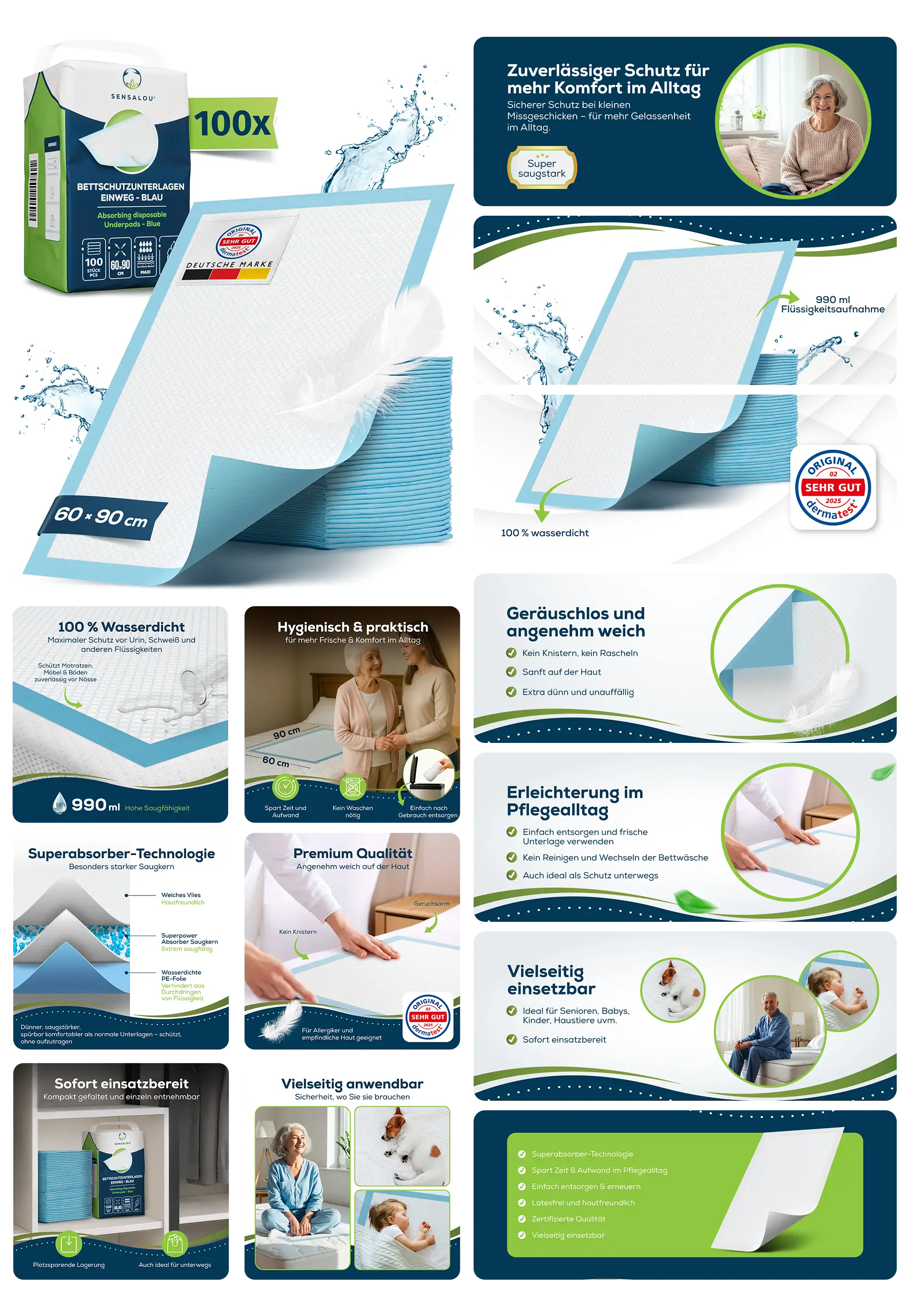 Stapel von blauen Einweg-Bettunterlagen, gezeigt mit Details zur Saugfähigkeit und in der Nutzung bei der Pflege von Babys, Haustieren und älteren Menschen