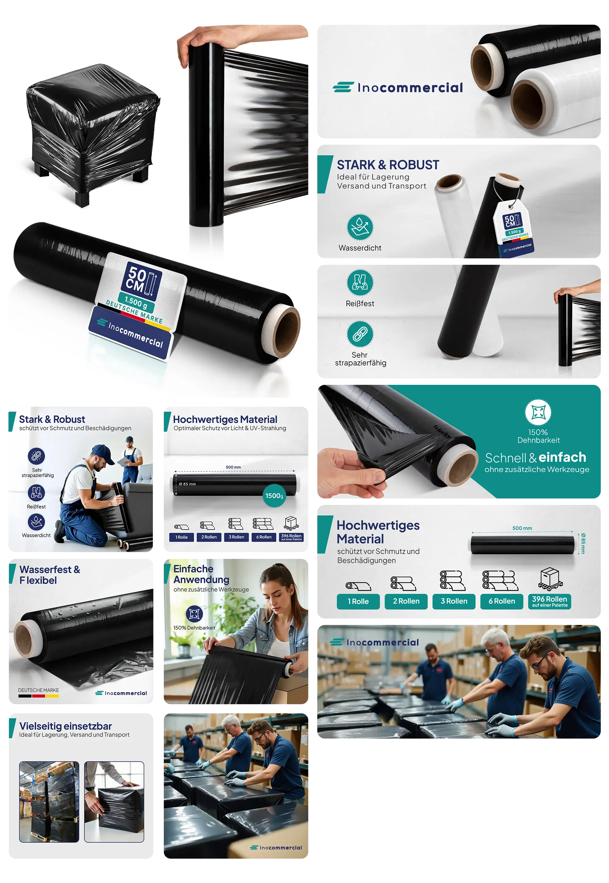 Rolle schwarze Stretchfolie der Marke "Inocommercial", gezeigt beim Einwickeln von Paletten und Möbeln, mit Details zur Reißfestigkeit und Wasserdichtigkeit