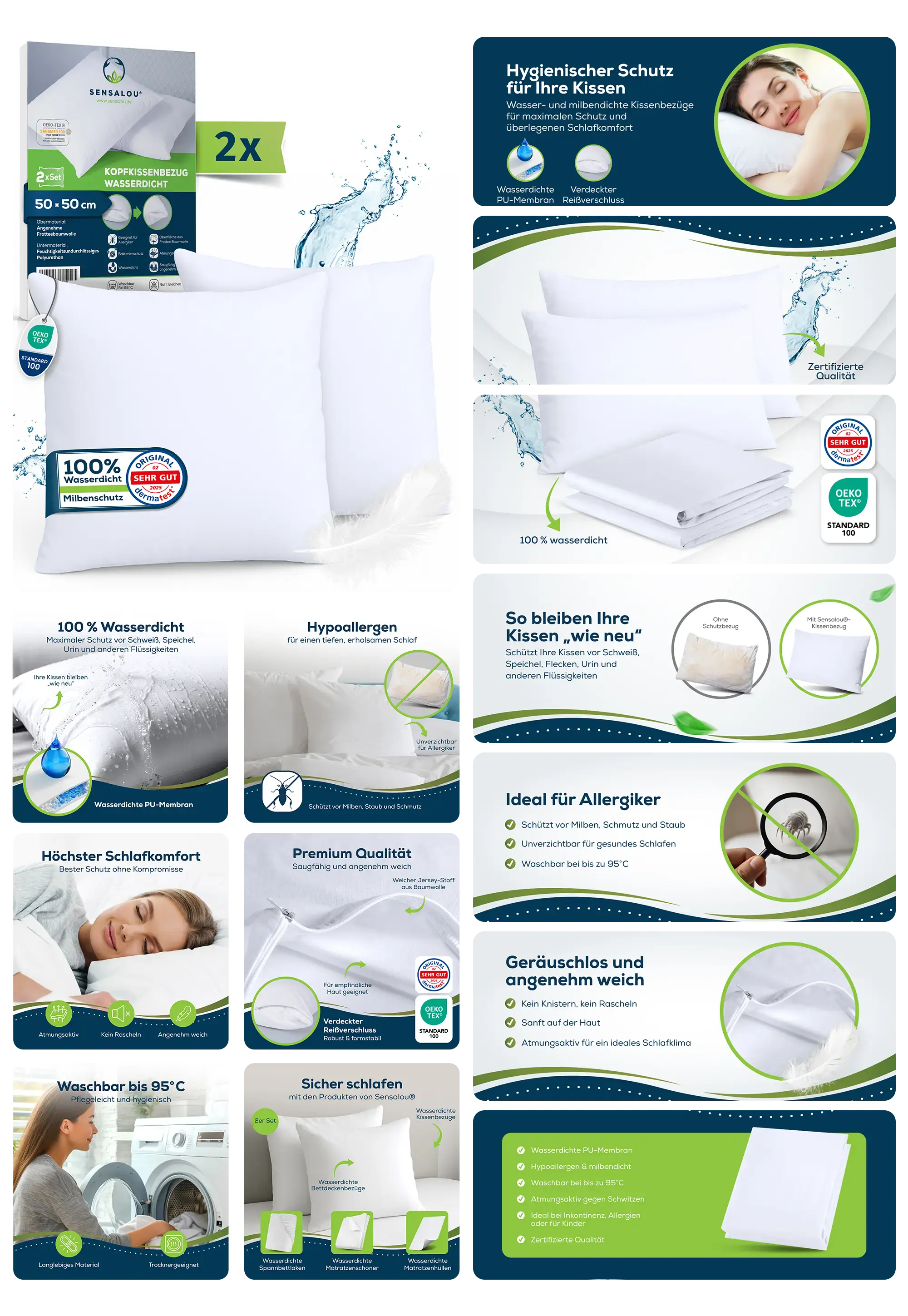 weiße, wasserdichte Kopfkissenbezüge im 2er-Set, gezeigt mit Details zur Hygiene, Allergikerfreundlichkeit und den Maßen