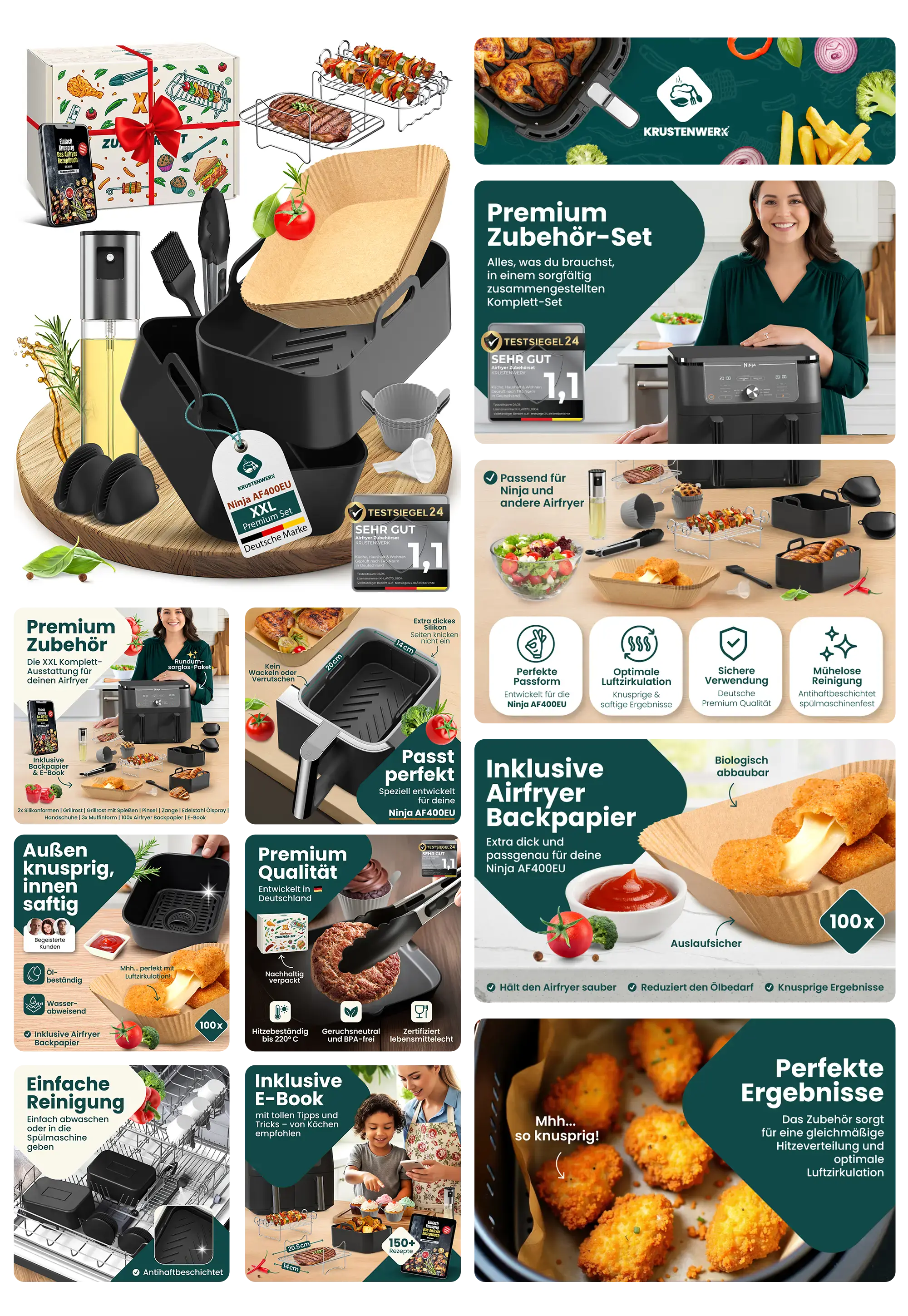 ein Zubehör-Set für Heißluftfritteusen, bestehend aus Gitterrost, Backpapier, Silikonformen und Zange, gezeigt im Einsatz mit Lebensmitteln