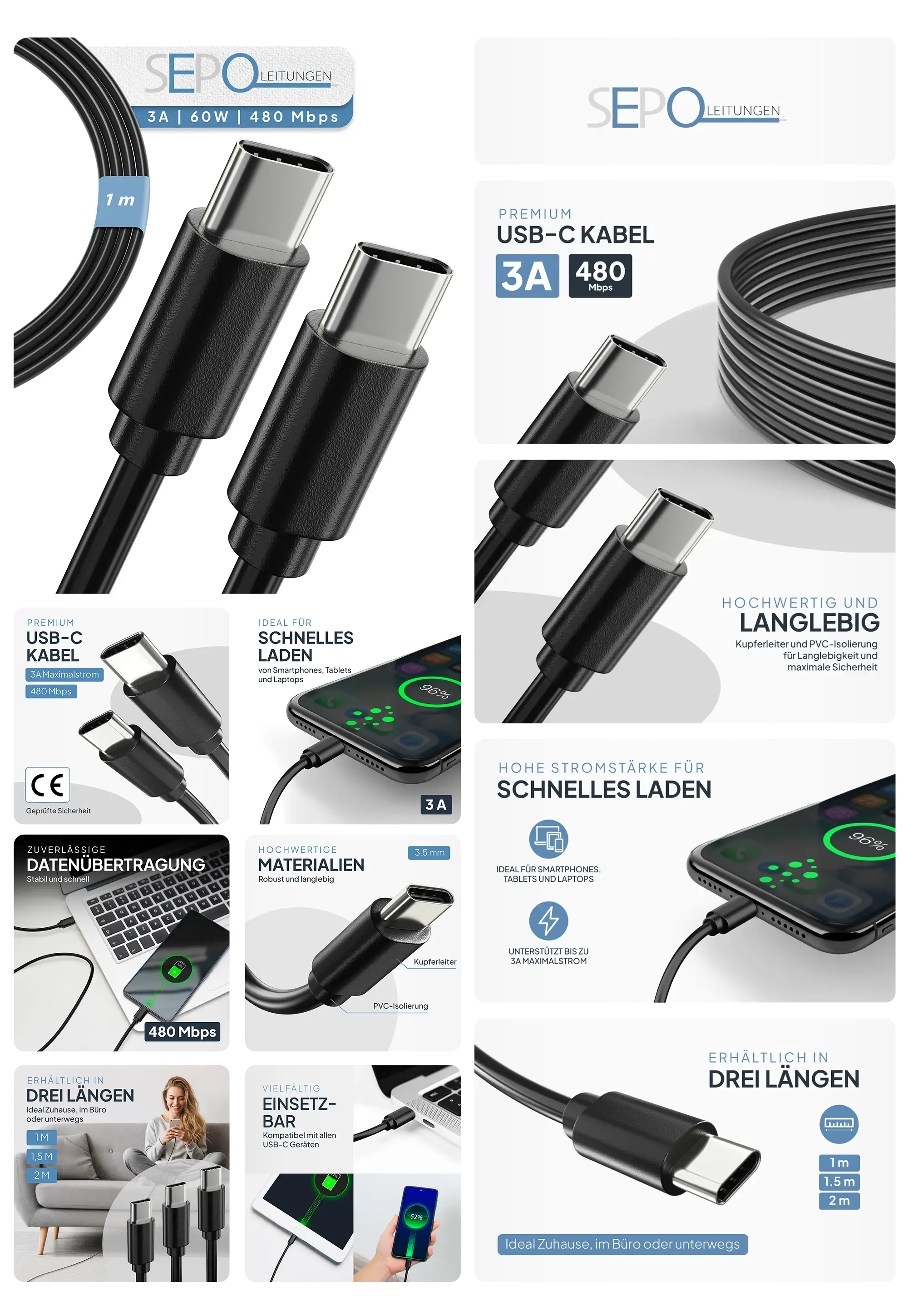 schwarzes USB-C auf USB-C-Kabel in Nahaufnahme, gezeigt in verschiedenen Längen und in Gebrauch zum Laden von Smartphones und Tablets