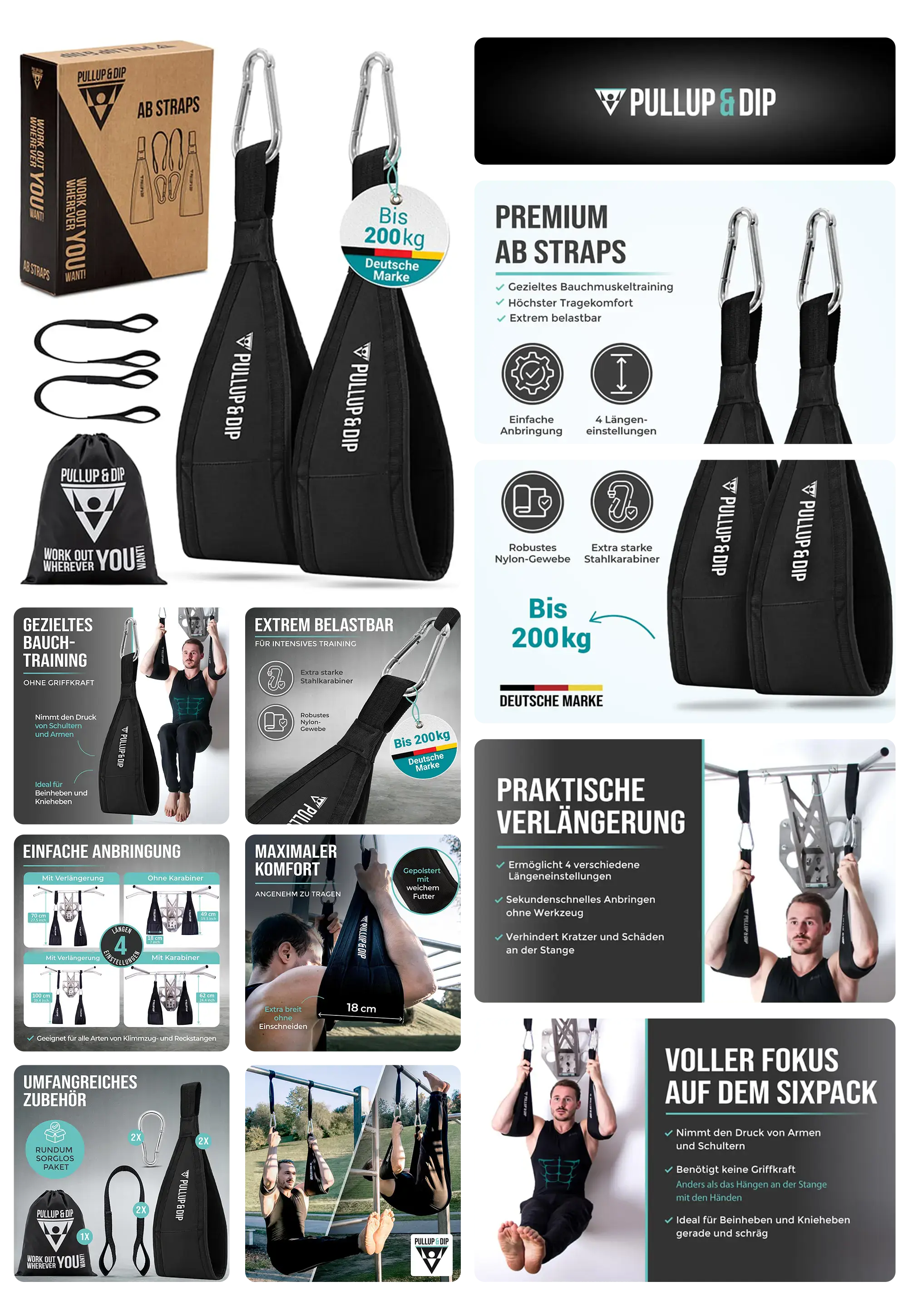 Ein Set aus Premium Ab Straps der Marke Pullup & Dip wird präsentiert, die zur Unterstützung des Bauchmuskeltrainings an einer Klimmzugstange dienen. Das Bild-Set zeigt die Gurte in Nahaufnahme, Anwendungsbeispiele von Männern, die Übungen durchführen, sowie Detailinformationen zu Material und Belastbarkeit von bis zu 200 kg.