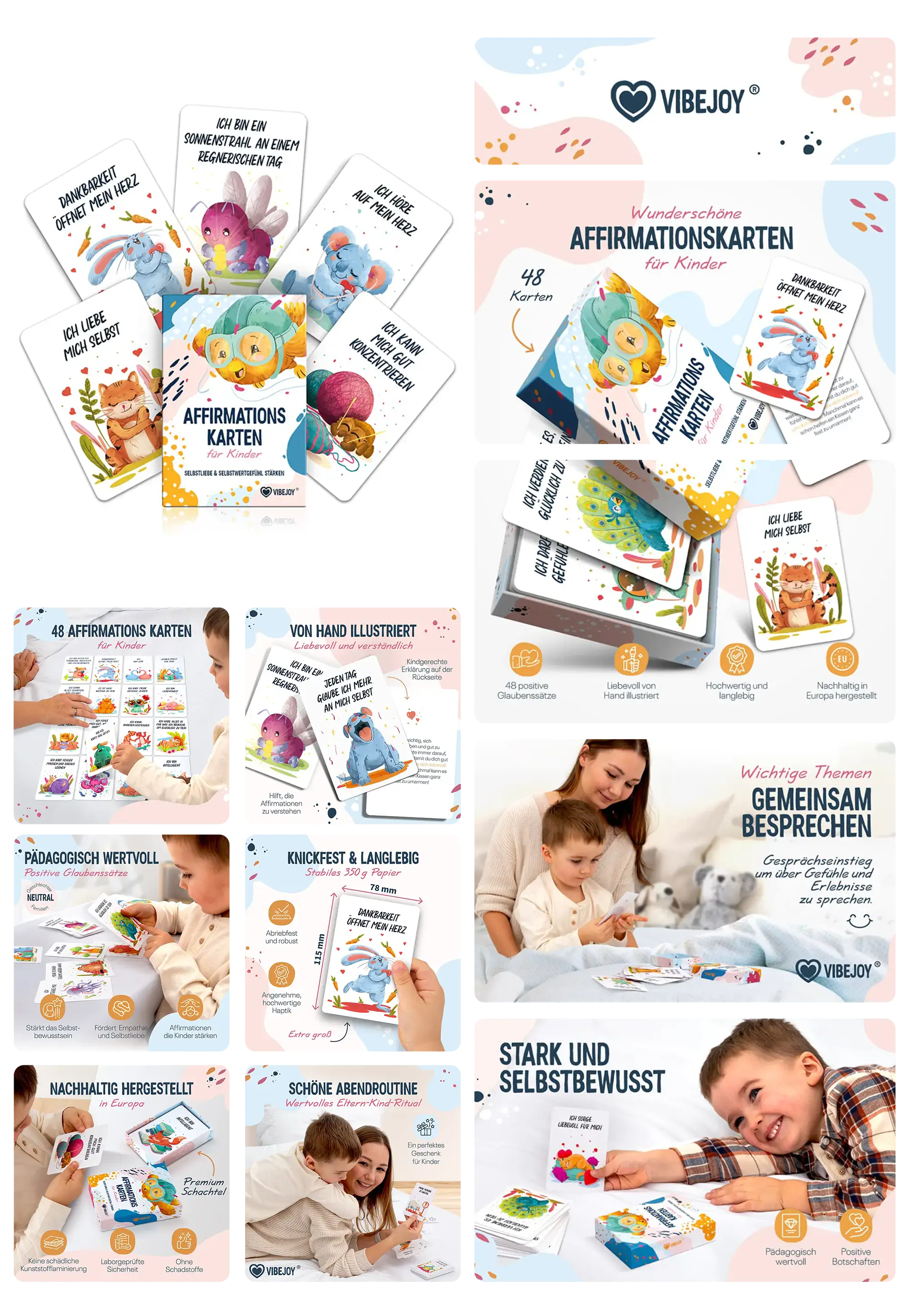 Ein Set von Affirmationskarten für Kinder der Marke Vibejoy wird in verschiedenen Ansichten gezeigt. Die Bilder zeigen die Verpackung und die Karten selbst, die mit niedlichen Tierillustrationen und positiven Botschaften versehen sind. Es werden auch Anwendungsbeispiele in einer familiären Umgebung, Produktmerkmale wie Nachhaltigkeit und pädagogischer Wert sowie der Inhalt des 48-Karten-Sets präsentiert.