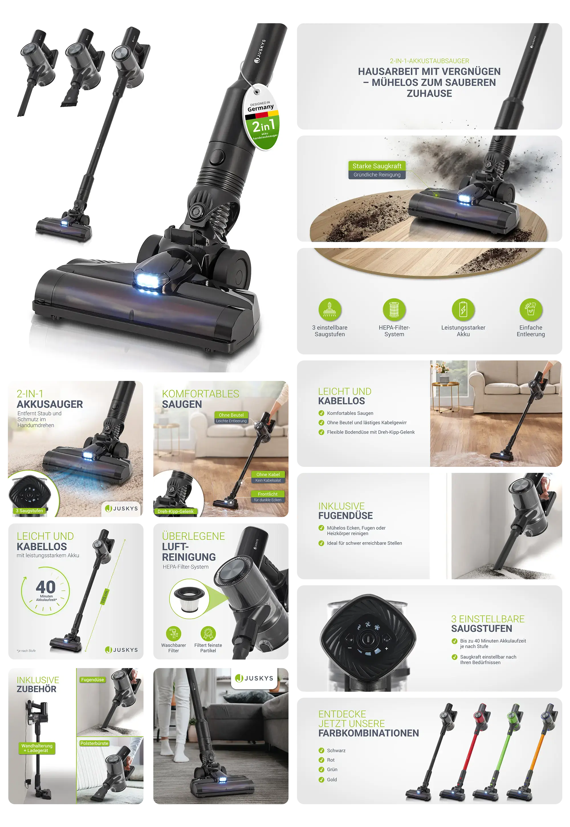 Ein 2-in-1-Akku-Staubsauger wird in verschiedenen Ansichten und Anwendungsbereichen dargestellt. Das Bild-Set zeigt Nahaufnahmen der Fugendüse und der Bürsten, Anwendungsbeispiele in einem Wohnzimmer und auf verschiedenen Bodenbelägen, sowie Produktmerkmale wie das 2-in-1-Design, das HEPA-Filtersystem und die lange Akkulaufzeit von 40 Minuten.