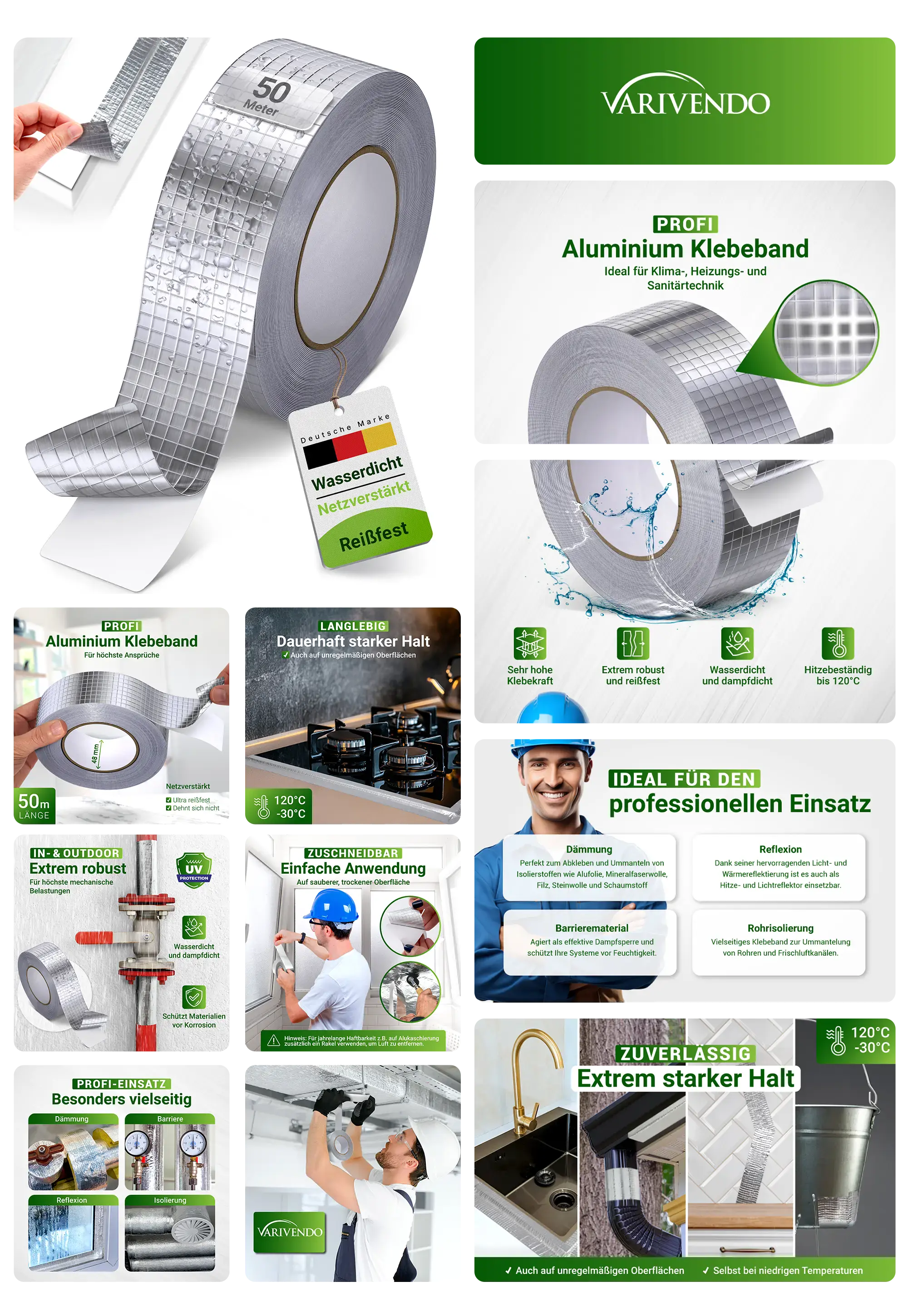 Ein professionelles Aluminium-Klebeband der Marke VARIVENDO wird in einem umfassenden Bild-Set präsentiert. Die Bilder zeigen eine Rolle des Klebebandes in verschiedenen Ansichten, Nahaufnahmen der Gitterstruktur, Anwendungsbeispiele in Küche und Bad, sowie grafische Darstellungen der Produkteigenschaften wie Wasserfestigkeit, Hitzebeständigkeit, Reißfestigkeit und Anwendungsbereiche für Handwerker und Heimwerker.
