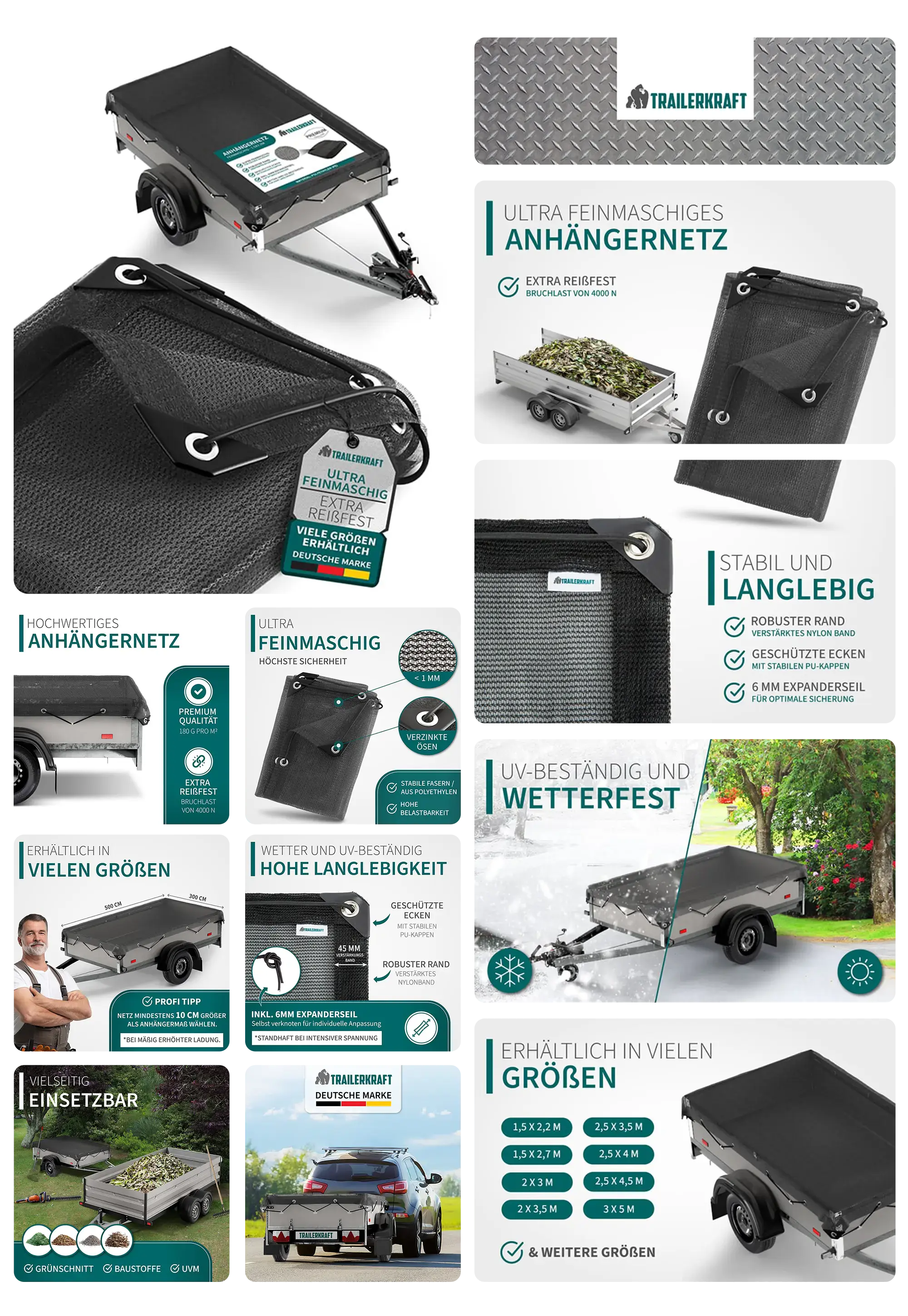 Ein ultra feinmaschiges Anhängernetz der Marke TRAILERKRAFT wird in einem detaillierten Bild-Set vorgestellt. Es zeigt das Netz in verschiedenen Größen und Anwendungen auf einem Anhänger, Nahaufnahmen der robusten Ränder und Ösen, sowie Grafiken, die die Eigenschaften wie Witterungsbeständigkeit, UV-Schutz und Reißfestigkeit hervorheben.