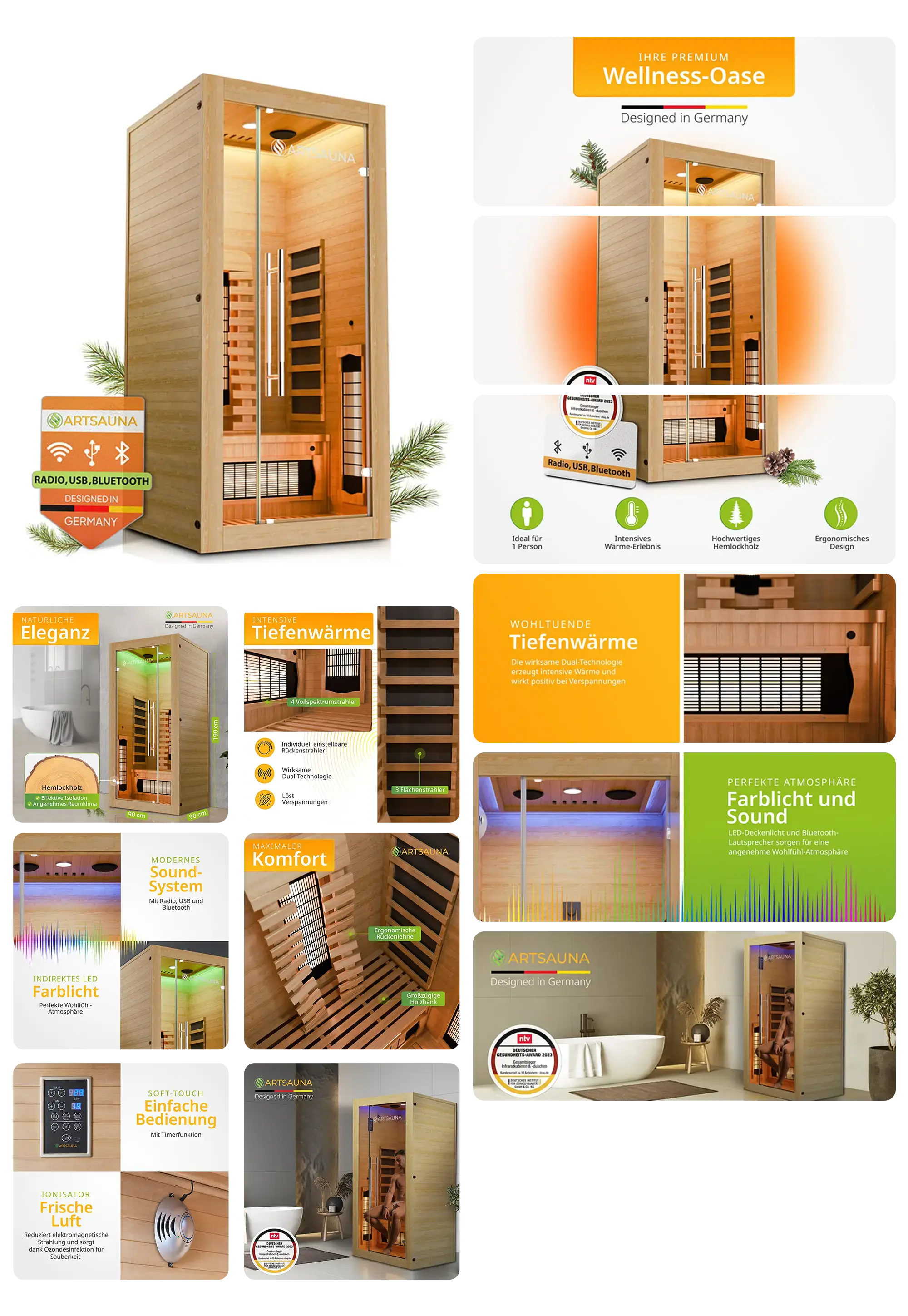 Eine Infrarot-Saunakabine der Marke ARTSAUNA wird in einem detaillierten Produktfoto-Set gezeigt. Die Bilder stellen das Holzgehäuse, das Bedienfeld, die Innenbeleuchtung und die verschiedenen Funktionen wie Tiefenwärme, integriertes Radio mit Bluetooth und Farblichttherapie vor. Anwendungsbeispiele in einem Badezimmer werden ebenfalls gezeigt.