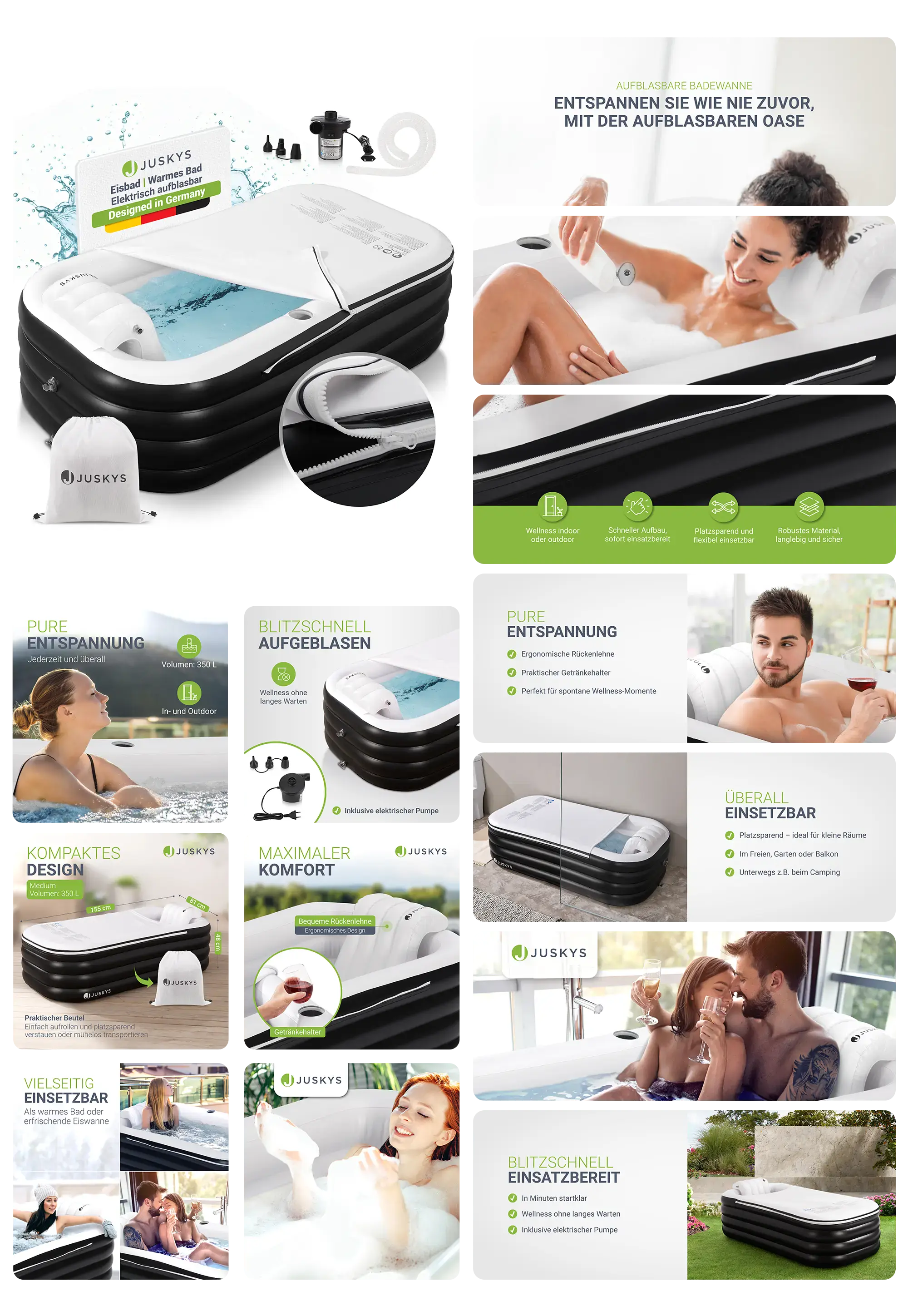 Eine aufblasbare Badewanne der Marke Juskys wird in einem umfassenden Bild-Set dargestellt. Es zeigt die Badewanne im Gebrauch von Einzelpersonen und Paaren, sowohl im Innen- als auch im Außenbereich. Grafiken heben Eigenschaften wie das kompakte Design, die einfache Handhabung mit der elektrischen Pumpe und die Vielseitigkeit für verschiedene Standorte hervor, einschließlich Balkon, Garten und Badezimmer.