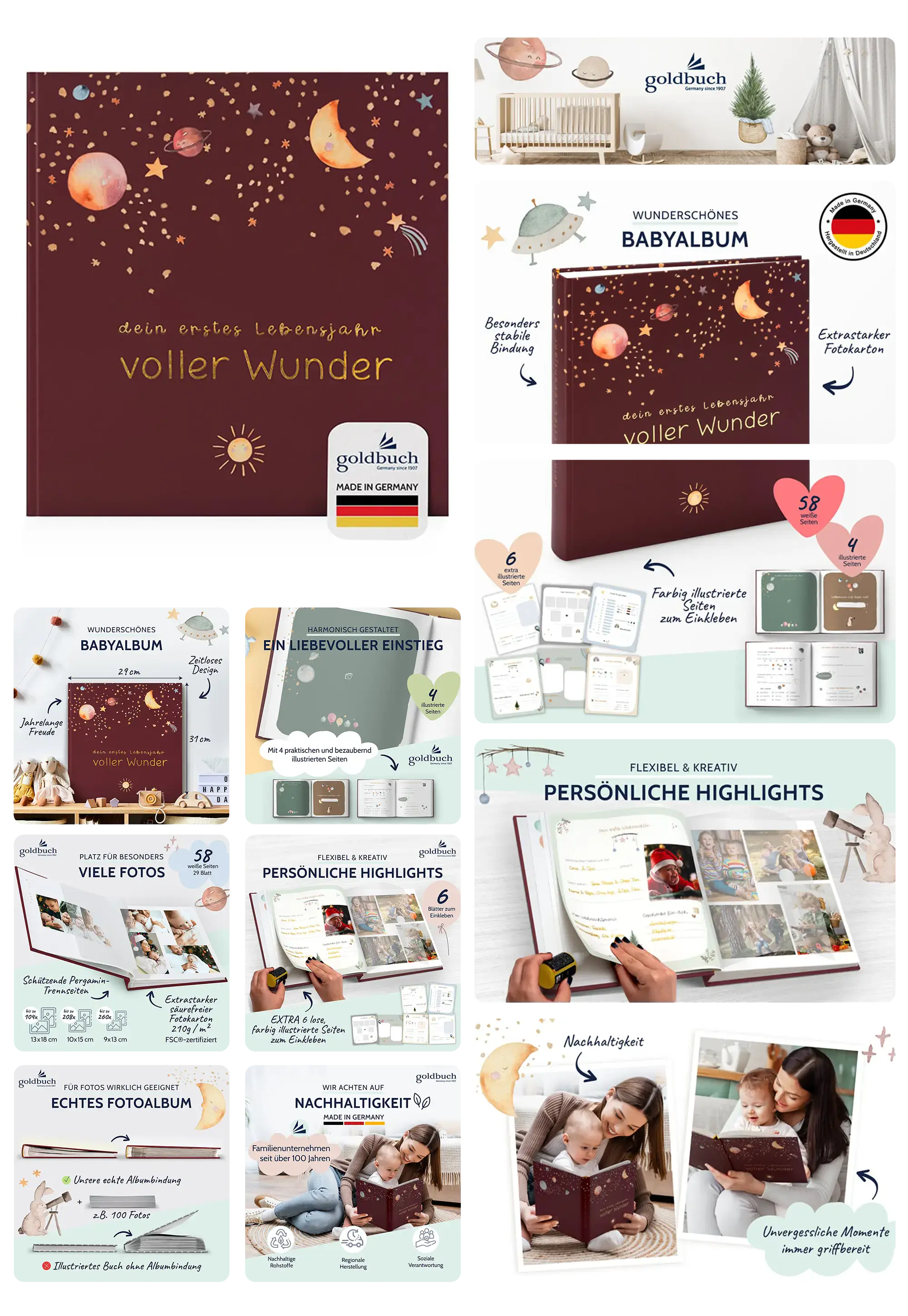 Ein Babyalbum von Goldbuch mit dem Titel "Dein erstes Lebensjahr voller Wunder" wird in einem detaillierten Bild-Set vorgestellt. Es zeigt das Album mit einem kindgerechten Motiv aus Sternen und Monden, verschiedene Innenseiten zum Einkleben von Fotos und Eintragen von Erinnerungen. Die Bilder demonstrieren auch die hochwertige Bindung, die Eignung für viele Fotos und die Verwendung in familiärer Umgebung.