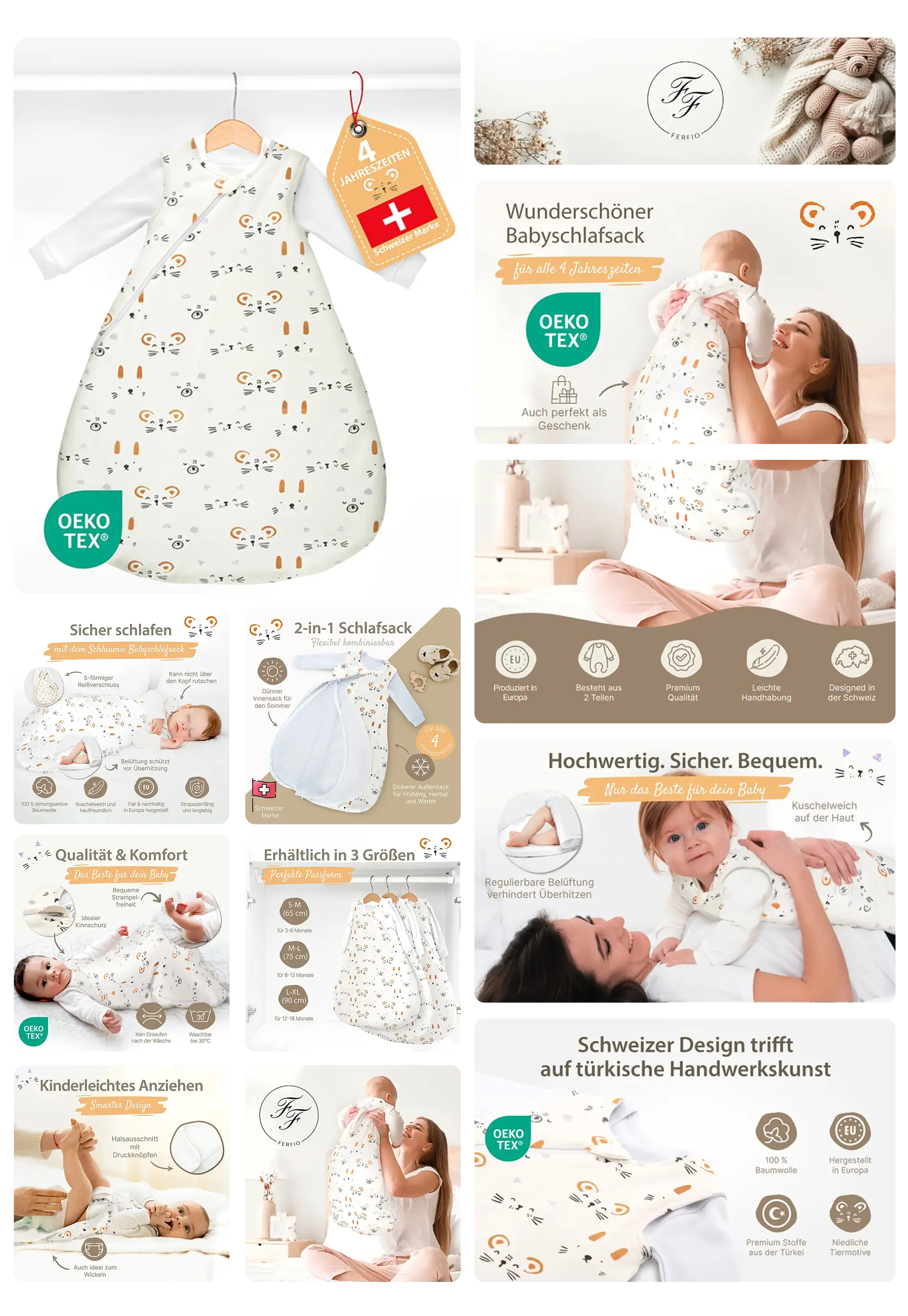 Ein Babyschlafsack der Marke F&J FASHION wird in einem umfangreichen Bild-Set präsentiert. Die Bilder zeigen den Schlafsack in Nahaufnahme und am Bügel, am schlafenden Baby sowie am Kleinkind im Arm der Mutter. Grafiken heben Eigenschaften wie das 2-in-1-Design, die Oeko-Tex-Zertifizierung, das Schweizer Design, die Größenverfügbarkeit und das kindgerechte Anziehen hervor.