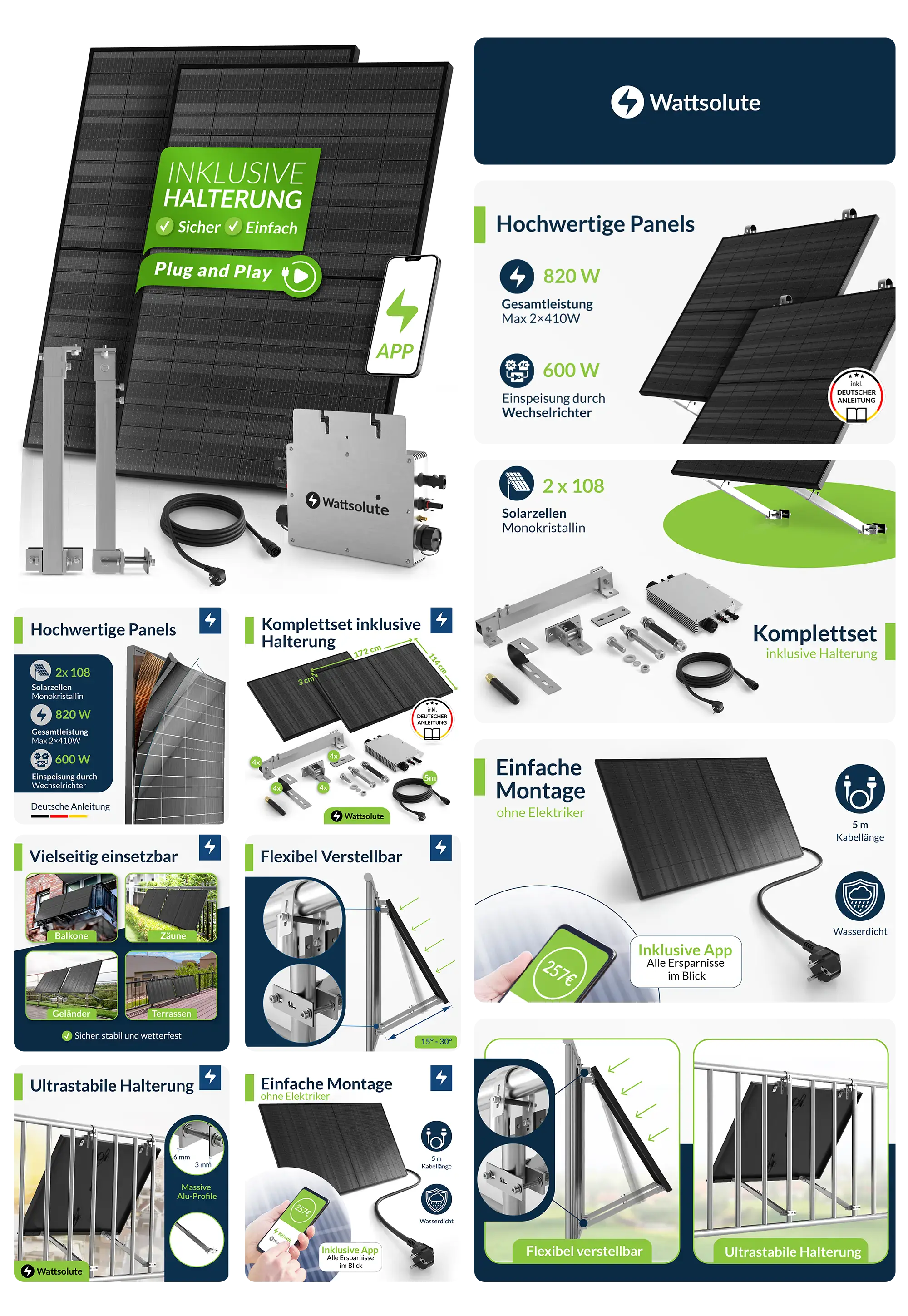 Ein Balkonkraftwerk der Marke Wattsolute wird in einem detaillierten Bild-Set vorgestellt. Es zeigt die Solarpaneele und die Halterung mit dem gesamten Lieferumfang. Die Bilder heben die Eigenschaften wie die einfache Montage ohne Elektriker, die hohe Gesamtleistung, die flexible und ultrastabile Halterung und die Überwachung über eine App hervor. Anwendungsbeispiele auf Balkonen, Terrassen und Zäunen werden ebenfalls gezeigt.