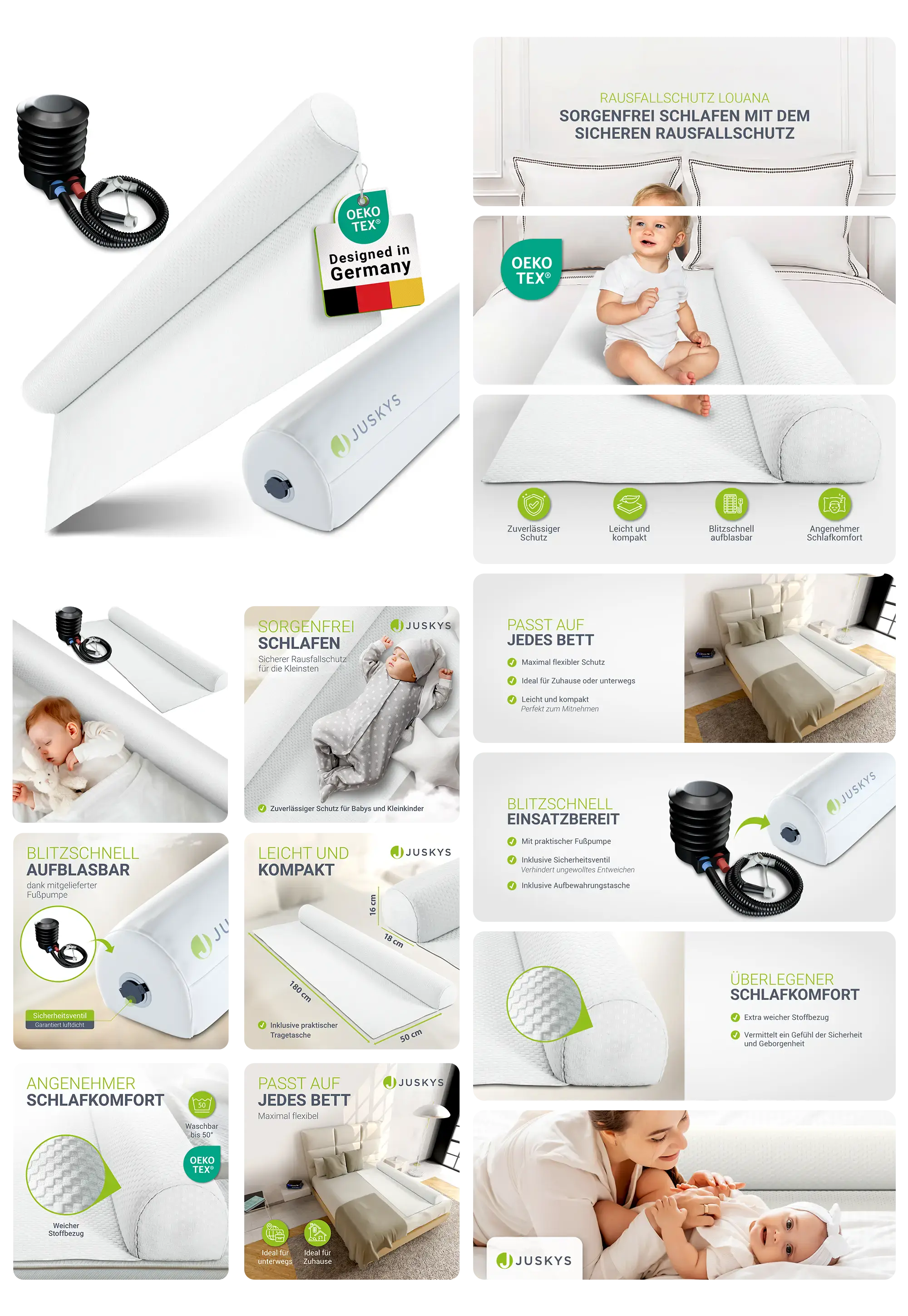 Ein aufblasbarer Rausfallschutz für Betten der Marke Juskys wird in einem detaillierten Bild-Set präsentiert. Die Bilder zeigen das Produkt in seiner Verpackung, auf einem Bett montiert und im Gebrauch bei einem schlafenden Baby und Kleinkind. Grafiken heben Eigenschaften wie die Oeko-Tex-Zertifizierung, das einfache Aufblasen mit der Fußpumpe, die kompakte Bauweise für Reisen und den flexiblen Einsatz auf jedem Bett hervor.