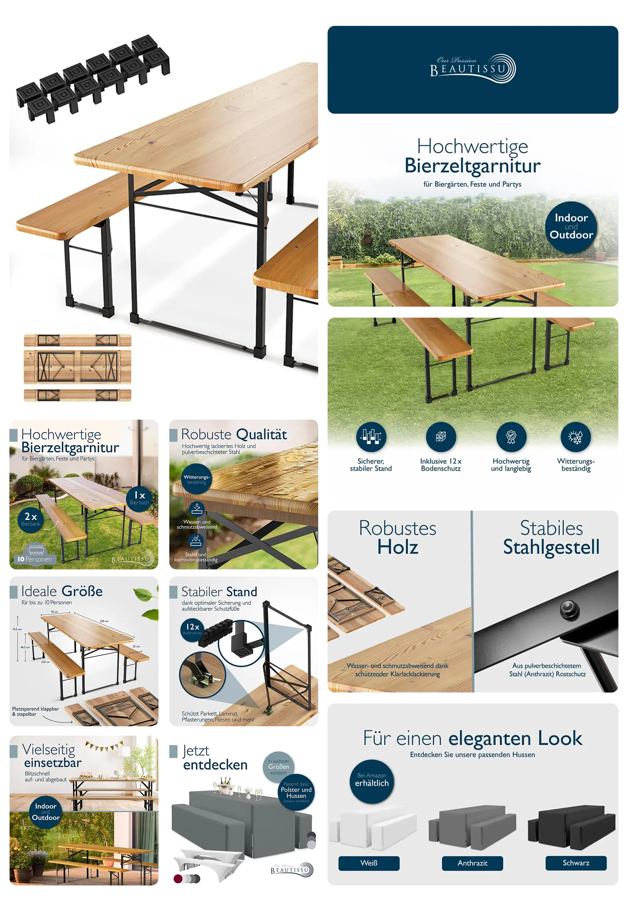 Eine hochwertige Bierzeltgarnitur der Marke BEAUTISSU, bestehend aus einem Holztisch und zwei Klappbänken, wird in einem umfassenden Bild-Set dargestellt. Die Bilder zeigen die Garnitur im Innen- und Außenbereich und heben die robuste Holzqualität und das stabile Stahlgestell hervor. Grafiken veranschaulichen die Maße, die wetterfeste Oberfläche und die Möglichkeit, passende Polster und Hussen hinzuzufügen.