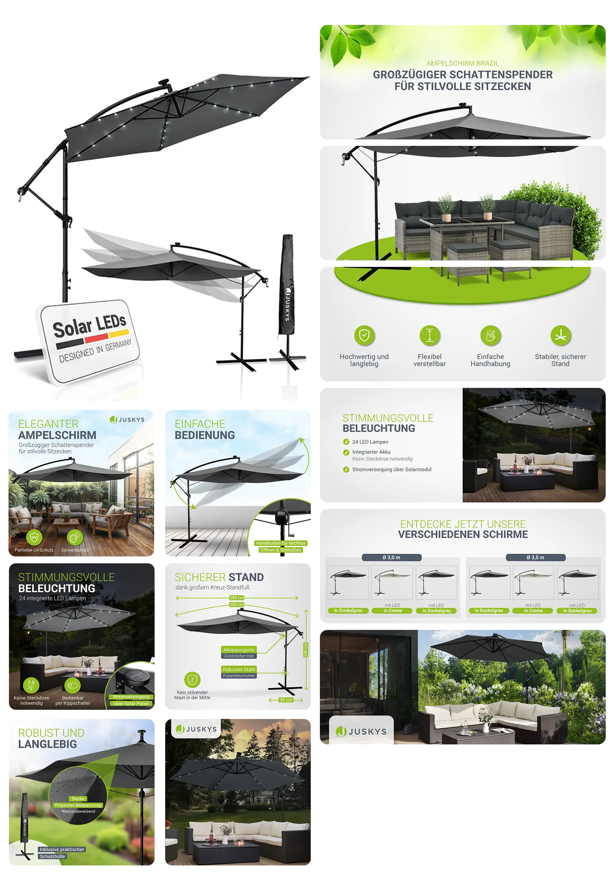 Ein Ampelschirm der Marke Juskys mit integrierten Solar-LEDs wird in einem detaillierten Bild-Set präsentiert. Die Bilder zeigen den Schirm in einem Garten über einer Sitzgruppe, mit beleuchteten LED-Lichtern bei Nacht und in verschiedenen Positionen. Grafiken heben die einfache Handhabung, die flexible Verstellbarkeit, den stabilen Stand und die verschiedenen verfügbaren Größen und Farben hervor.