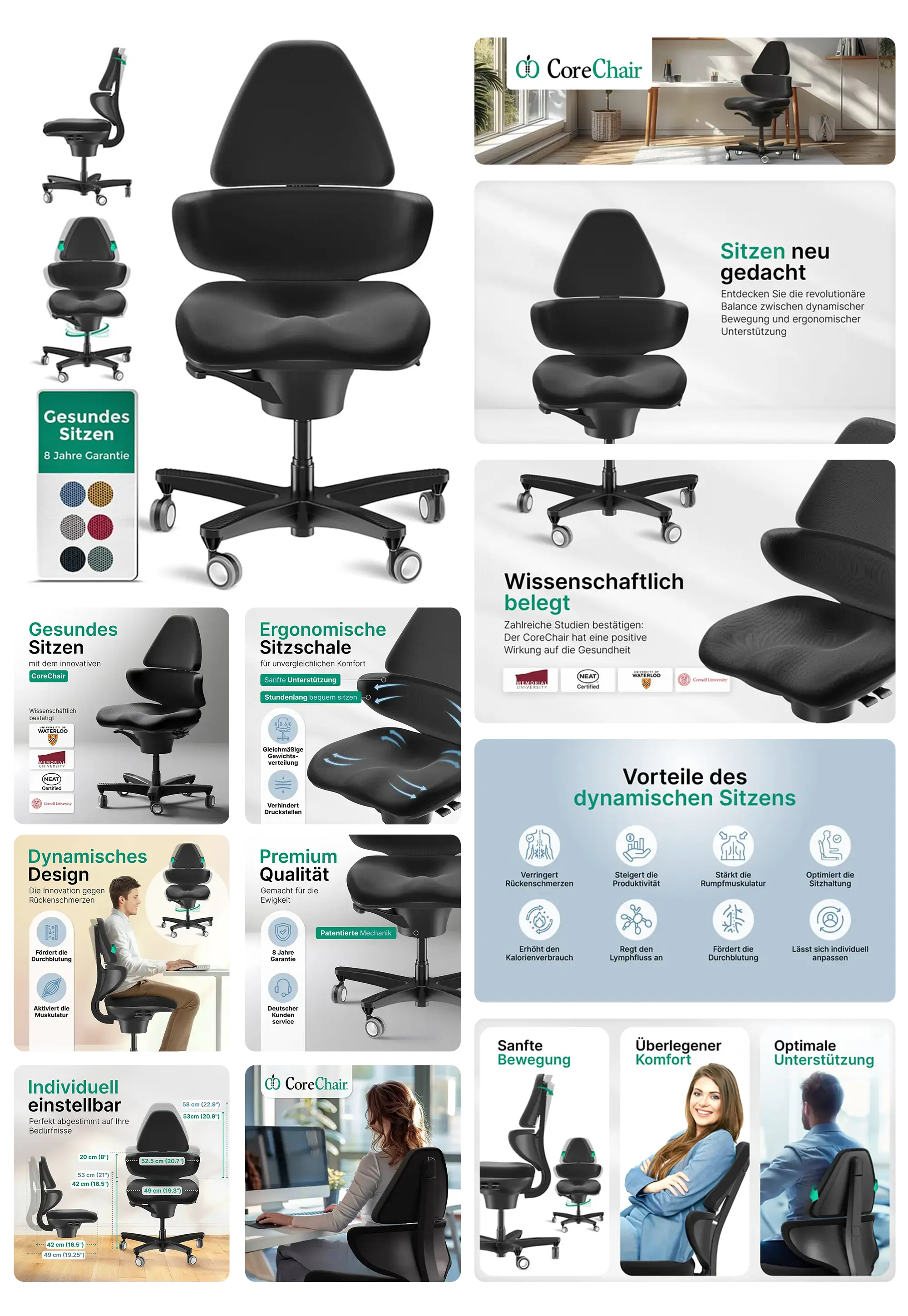 Ein ergonomischer Bürostuhl der Marke CoreChair wird in einem umfassenden Bild-Set dargestellt. Es zeigt den Stuhl in verschiedenen Perspektiven, Nahaufnahmen der Sitzfläche und des Gestells, sowie Darstellungen von Personen, die darauf sitzen. Grafiken heben die besonderen Merkmale hervor, wie das dynamische Design, die wissenschaftlich belegten Vorteile für die Rückengesundheit, die individuellen Einstellmöglichkeiten und die Vorteile für eine bessere Sitzhaltung.