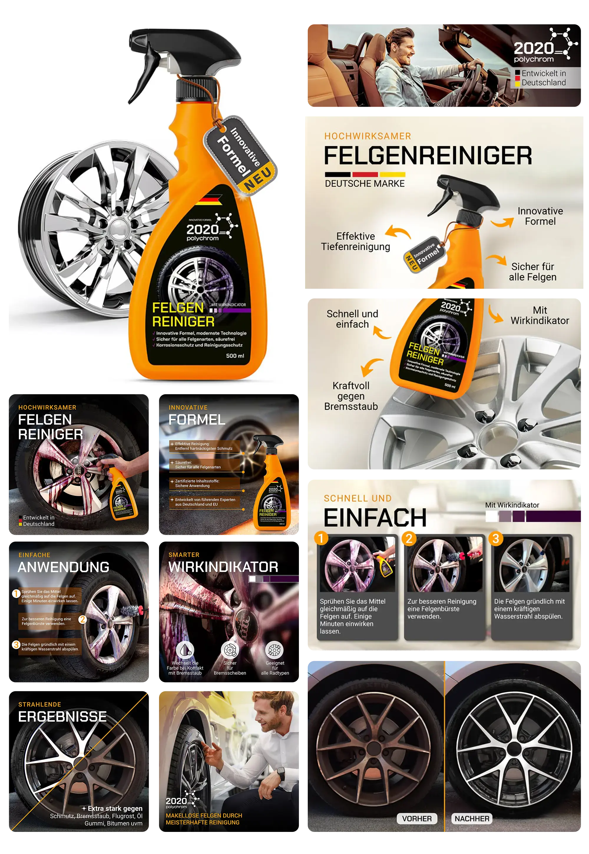Ein Felgenreiniger der Marke 2020 polychrom wird in einem detaillierten Bild-Set präsentiert. Es zeigt die Sprayflasche, Anwendungsbeispiele auf verschiedenen Felgentypen und die Vorher-Nachher-Ergebnisse. Grafiken heben die Eigenschaften wie die innovative Formel, die effektive Tiefenreinigung und den Wirkindikator, der die Farbe des Reinigers ändert, hervor. Ein Mann in einem Auto wird ebenfalls gezeigt.