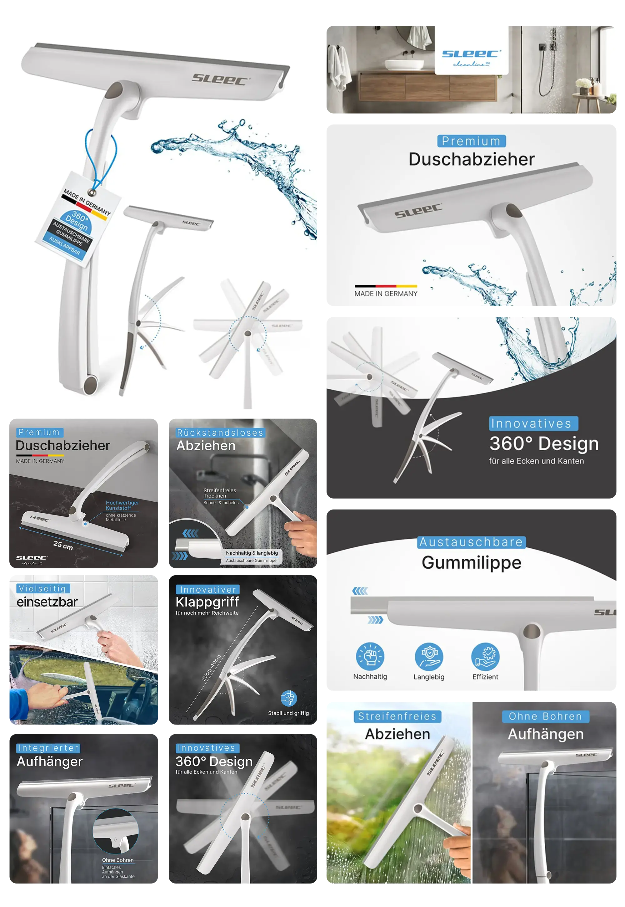 Ein Duschabzieher der Marke SLEEC wird in einem umfassenden Bild-Set vorgestellt. Es zeigt den Abzieher in verschiedenen Winkeln und Anwendungsbeispielen, unter anderem in einer Duschkabine und an einer Autoscheibe. Grafiken heben das innovative 360-Grad-Design für schwer zugängliche Ecken, die austauschbare Gummilippe und den integrierten Aufhänger ohne Bohren hervor.
