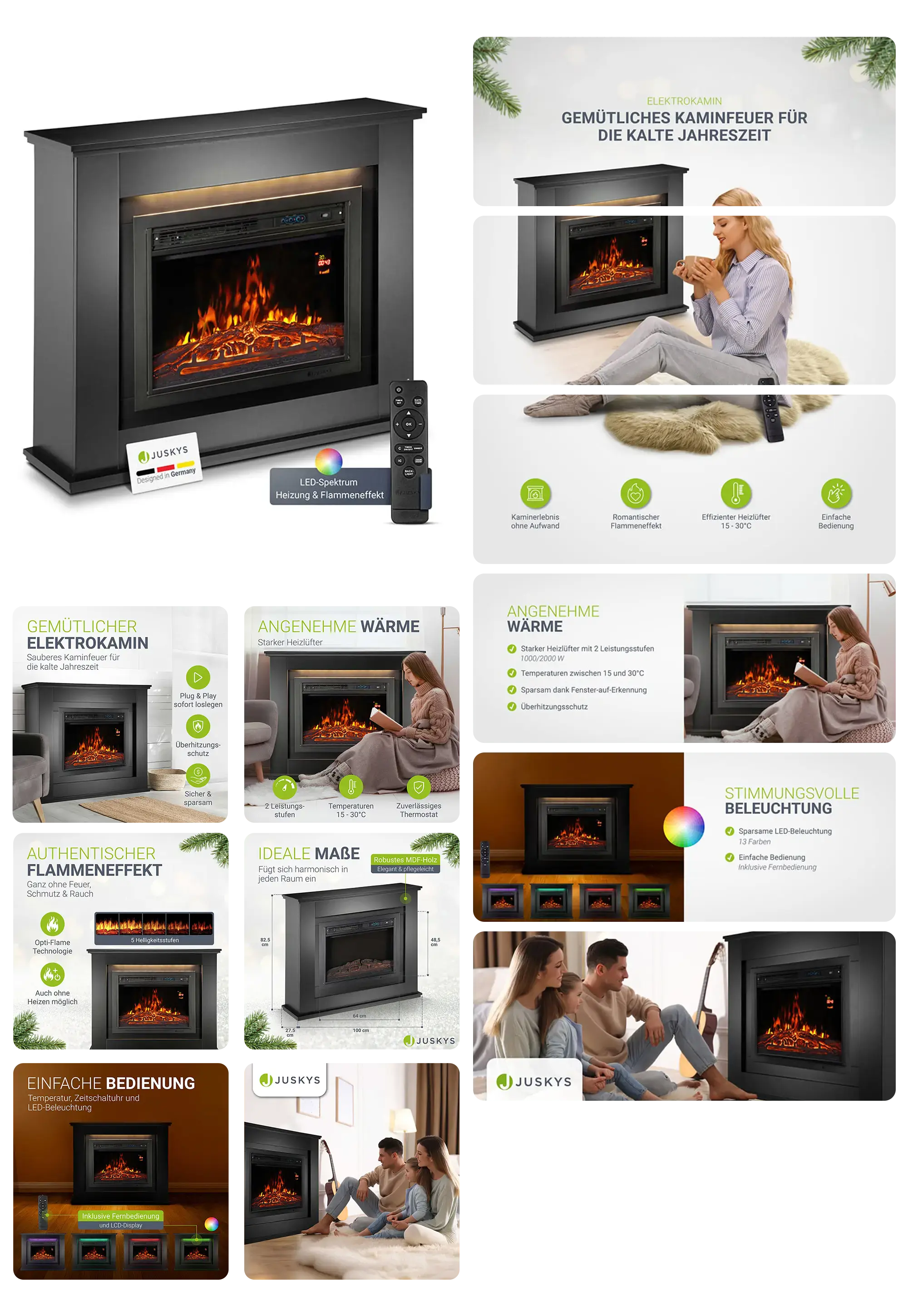 Ein Elektrokamin der Marke Juskys wird in einem detaillierten Bild-Set vorgestellt. Es zeigt den Kamin in einer Wohnumgebung, wie er Wärme und Atmosphäre spendet. Die Bilder heben die Produkteigenschaften hervor, wie den authentischen Flammeneffekt, die einstellbare LED-Beleuchtung, die Heizfunktion und die einfache Bedienung per Fernbedienung. Verschiedene Personen, die den Kamin genießen, werden ebenfalls gezeigt.