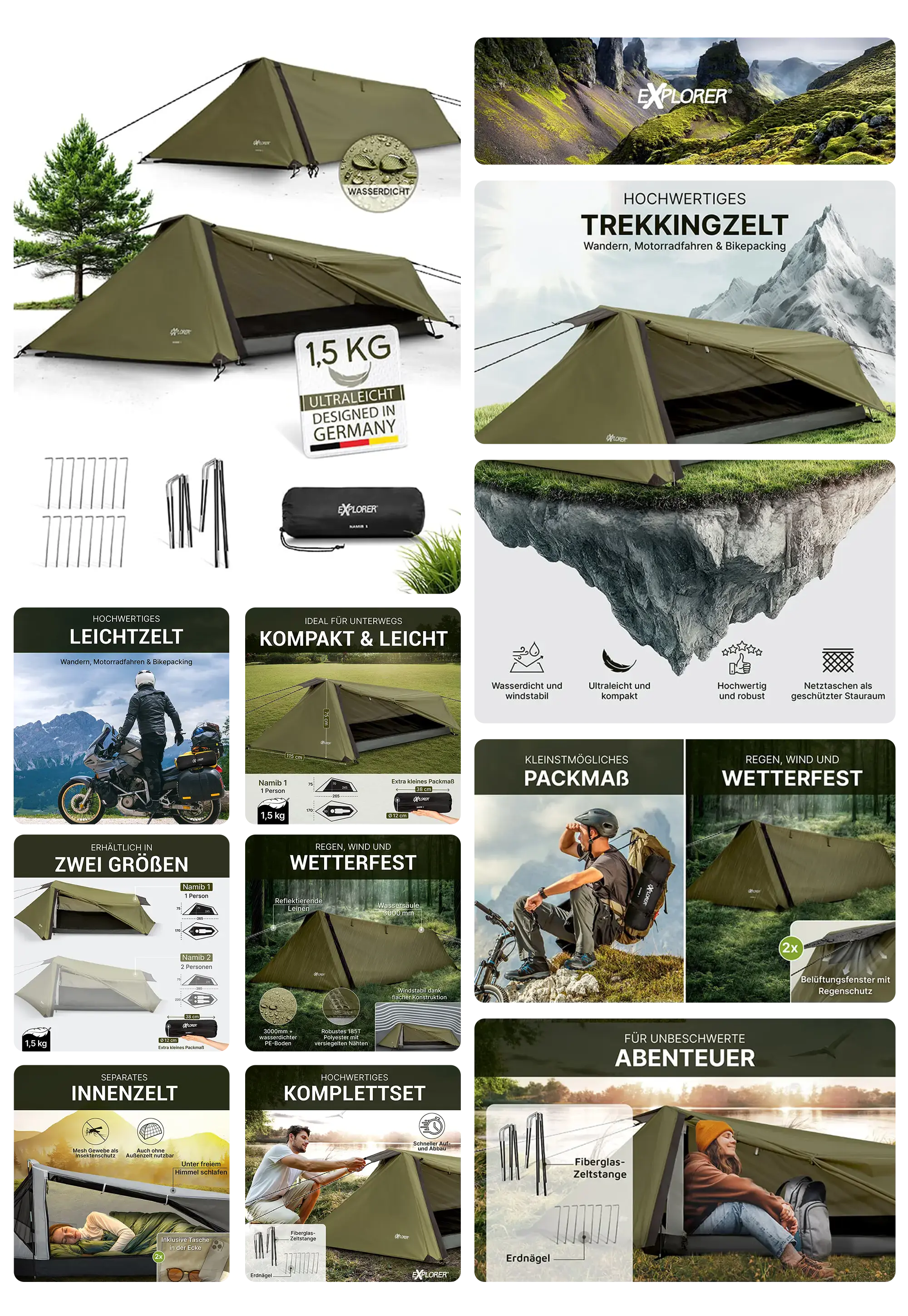 Ein ultraleichtes Trekkingzelt der Marke EXPLORER wird in einem umfassenden Bild-Set präsentiert. Die Bilder zeigen das Zelt in seiner kompakten Form, aufgebaut in einer bergigen Landschaft und im Gebrauch bei einem Motorradfahrer. Grafiken heben die Eigenschaften wie das geringe Gewicht von 1,5 kg, die Wasserdichtigkeit, die Windbeständigkeit und das kleine Packmaß hervor.