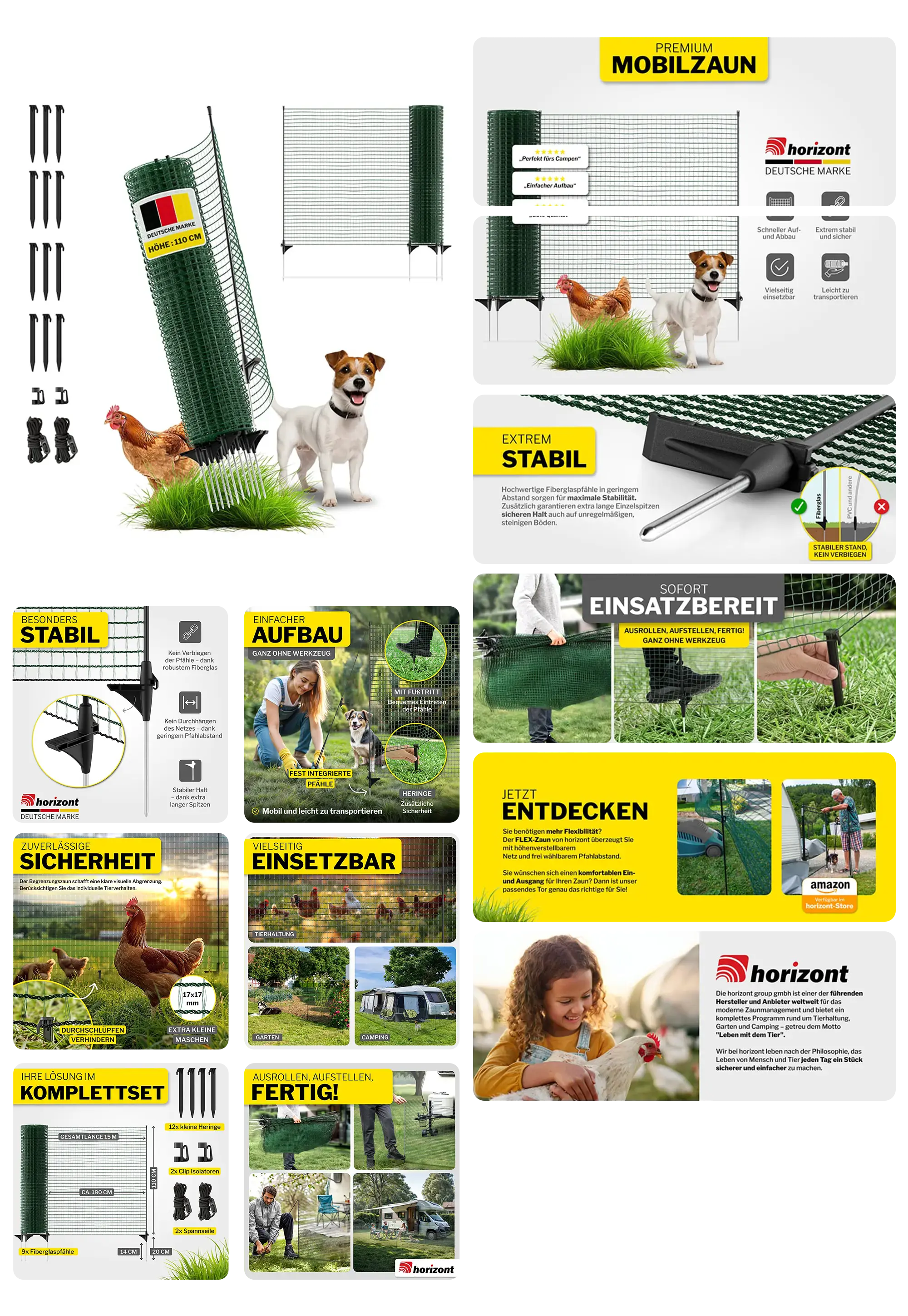 Ein mobiler Zaun der Marke HORIZONT wird in einem detaillierten Bild-Set präsentiert. Es zeigt das Produkt in seiner Verpackung, aufgebaut im Garten, um Hunde und Hühner einzuzäunen. Grafiken heben die Eigenschaften wie die einfache Montage ohne Werkzeug, die extreme Stabilität der Pfähle und die vielseitige Einsetzbarkeit für Haustiere und Kleintiere hervor.