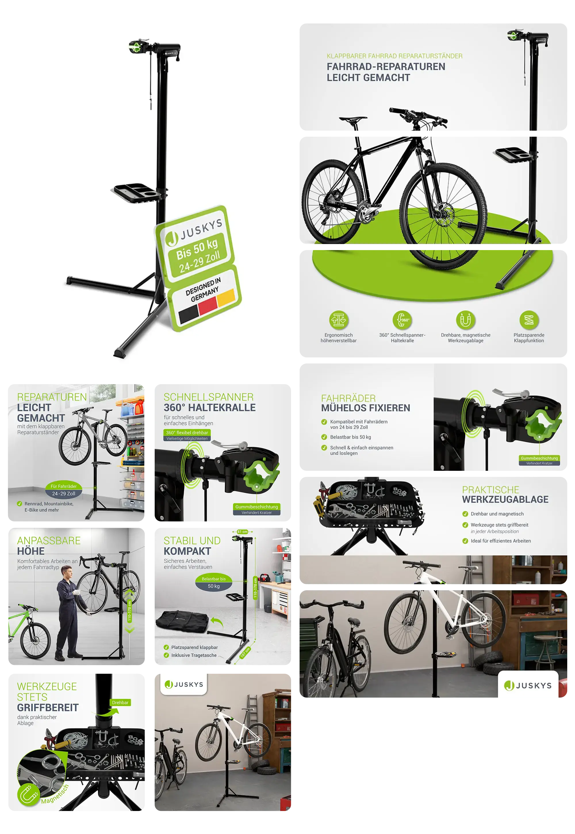 Ein Fahrradmontageständer der Marke Juskys wird in einem umfassenden Bild-Set präsentiert. Die Bilder zeigen den Ständer in Gebrauch mit verschiedenen Fahrrädern und heben die Eigenschaften wie die 360-Grad-Schraubspannklemme, die verstellbare Höhe und die stabile, kompakte Bauweise hervor. Grafiken veranschaulichen die Anwendung zur Reparatur und Wartung von Fahrrädern bis zu einem Gewicht von 50 kg.