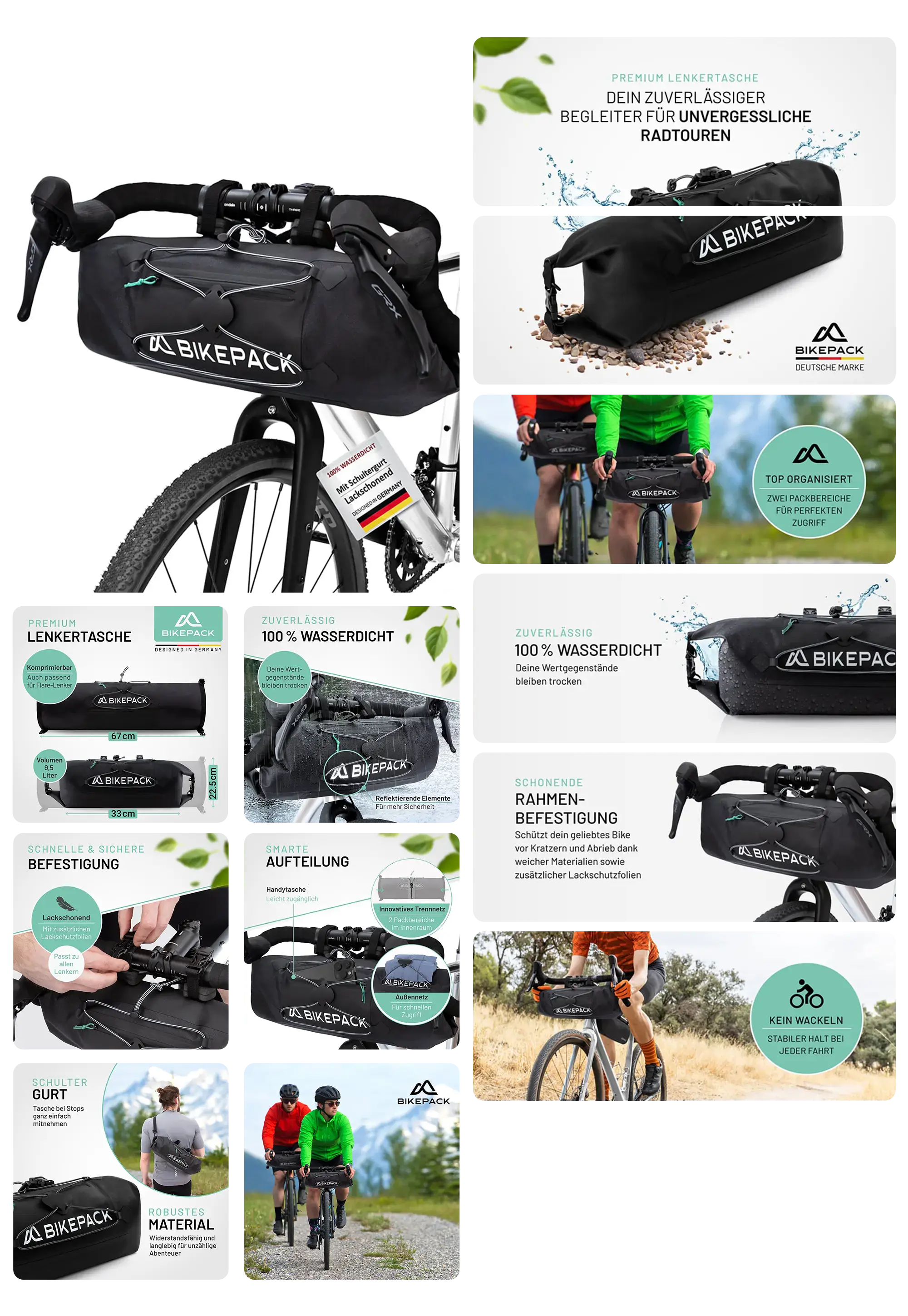 Eine wasserdichte Lenkertasche der Marke BIKEPACK wird in einem umfassenden Bild-Set präsentiert. Die Bilder zeigen die Tasche am Fahrradlenker montiert und im Gebrauch während einer Radtour. Grafiken heben die Eigenschaften wie 100% Wasserdichtigkeit, die schnelle und sichere Befestigung, die Innentaschen-Aufteilung und das kompakte Design hervor.