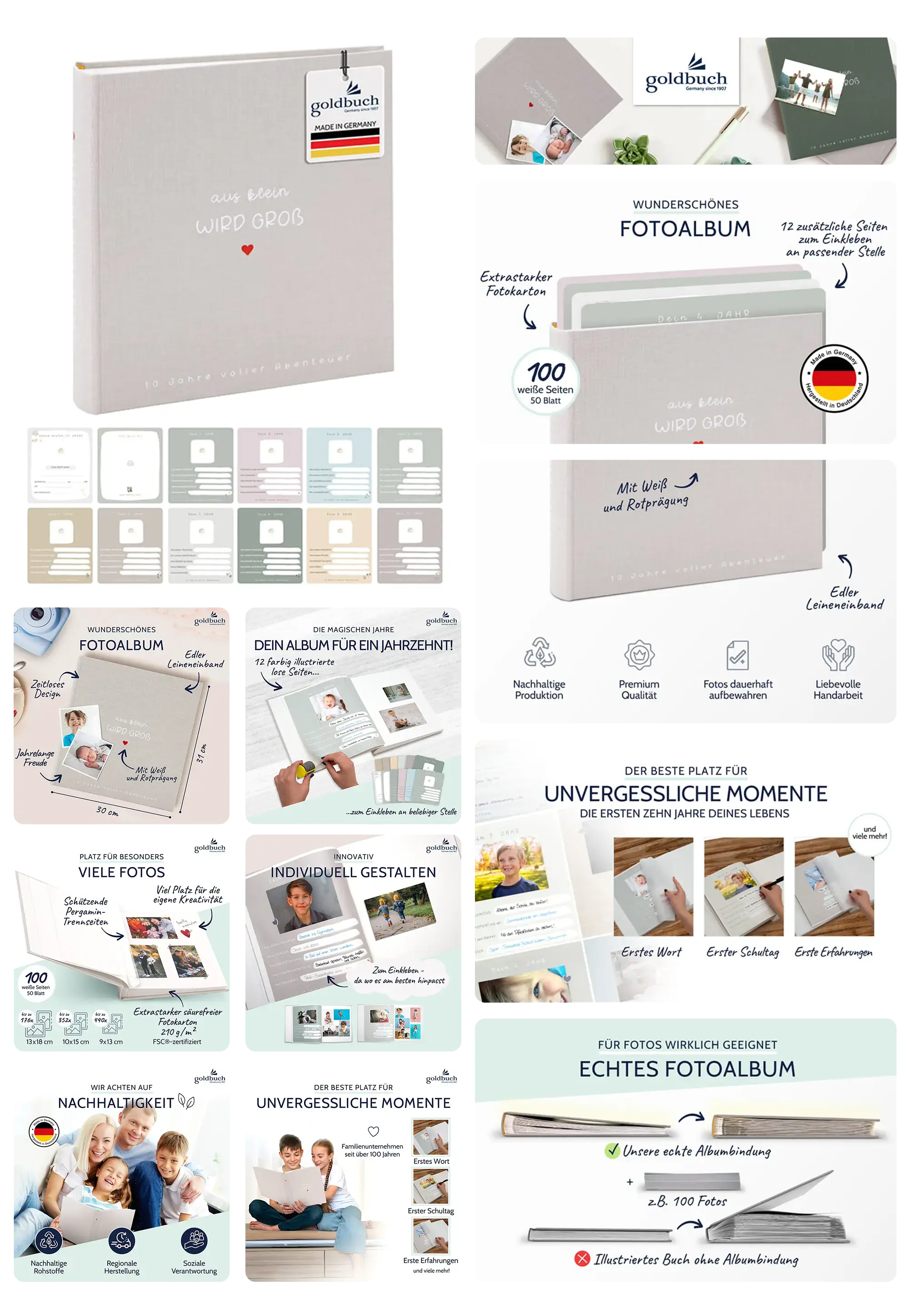 Ein Fotoalbum der Marke goldbuch wird in einem detaillierten Bild-Set vorgestellt. Es zeigt das Album in verschiedenen Ansichten und Farben. Die Bilder heben die Eigenschaften hervor, wie die hochwertige Leinenbindung, die Möglichkeit zur individuellen Gestaltung, die Verfügbarkeit in verschiedenen Farben und die Seiten für zusätzliche Fotokarten.