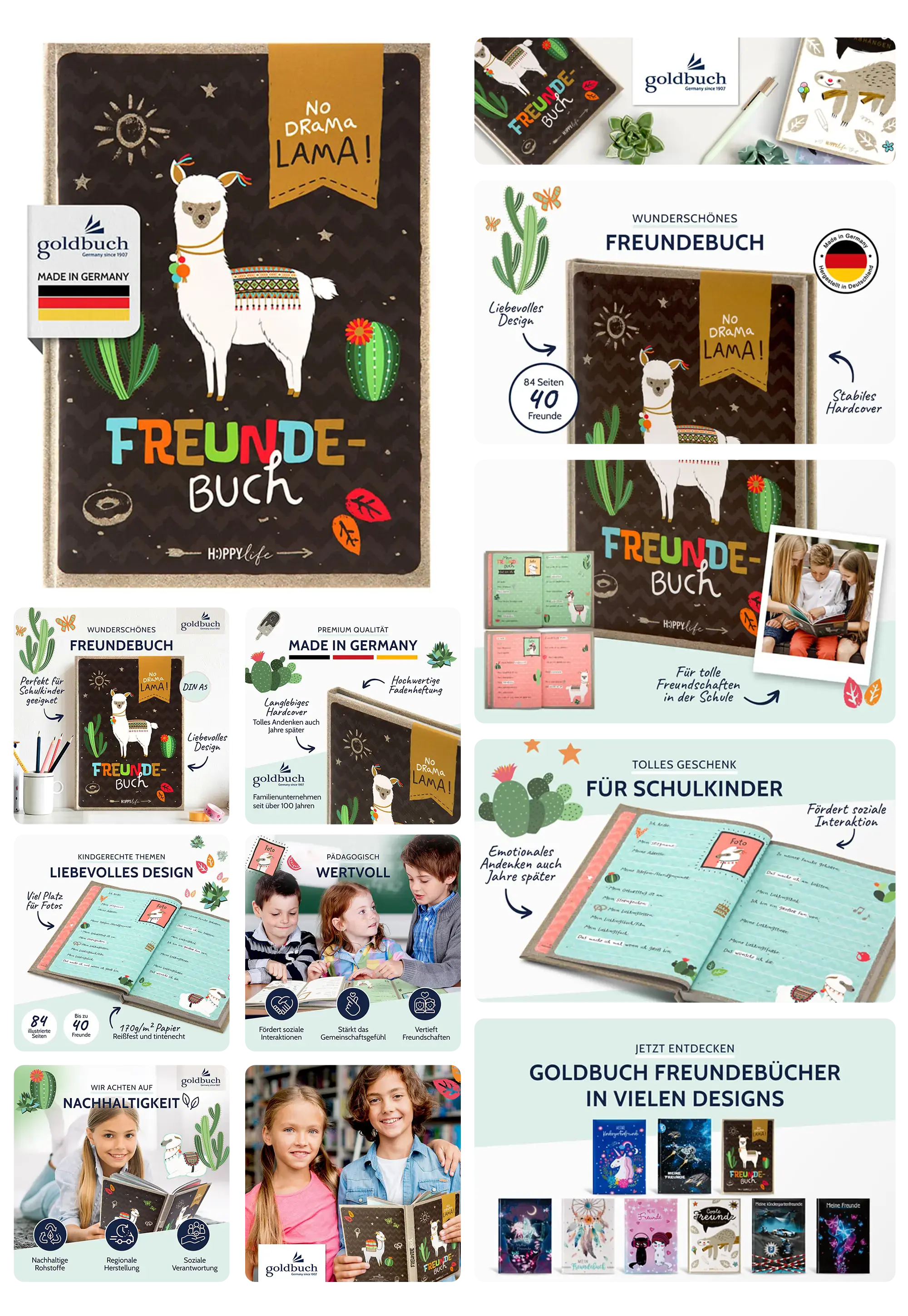 Ein Freundebuch für Kinder der Marke goldbuch mit dem Motiv eines Lamas wird in einem umfassenden Bild-Set dargestellt. Es zeigt das Buch in Nahaufnahme, im Gebrauch bei Kindern und Jugendlichen in der Schule. Grafiken heben die Eigenschaften wie das liebevolle Design, die stabile Hardcover-Bindung und die Qualität des Papiers hervor. Es wird gezeigt, dass das Buch für 40 Freunde Platz bietet und die soziale Interaktion zwischen Kindern fördert.