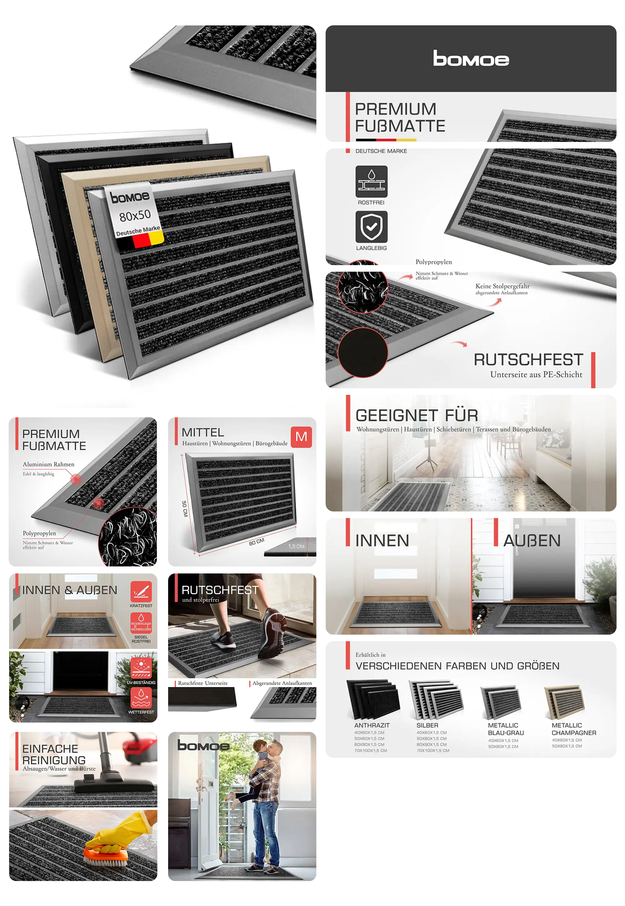 Eine Premium-Fußmatte der Marke bomoe wird in einem umfassenden Bild-Set vorgestellt. Die Bilder zeigen die Matte in verschiedenen Farben und Größen, sowohl im Innen- als auch im Außenbereich vor einer Tür. Grafiken heben die Eigenschaften wie den Aluminiumrahmen, das rutschfeste Material und die Langlebigkeit hervor. Die einfache Reinigung der Matte wird ebenfalls dargestellt.