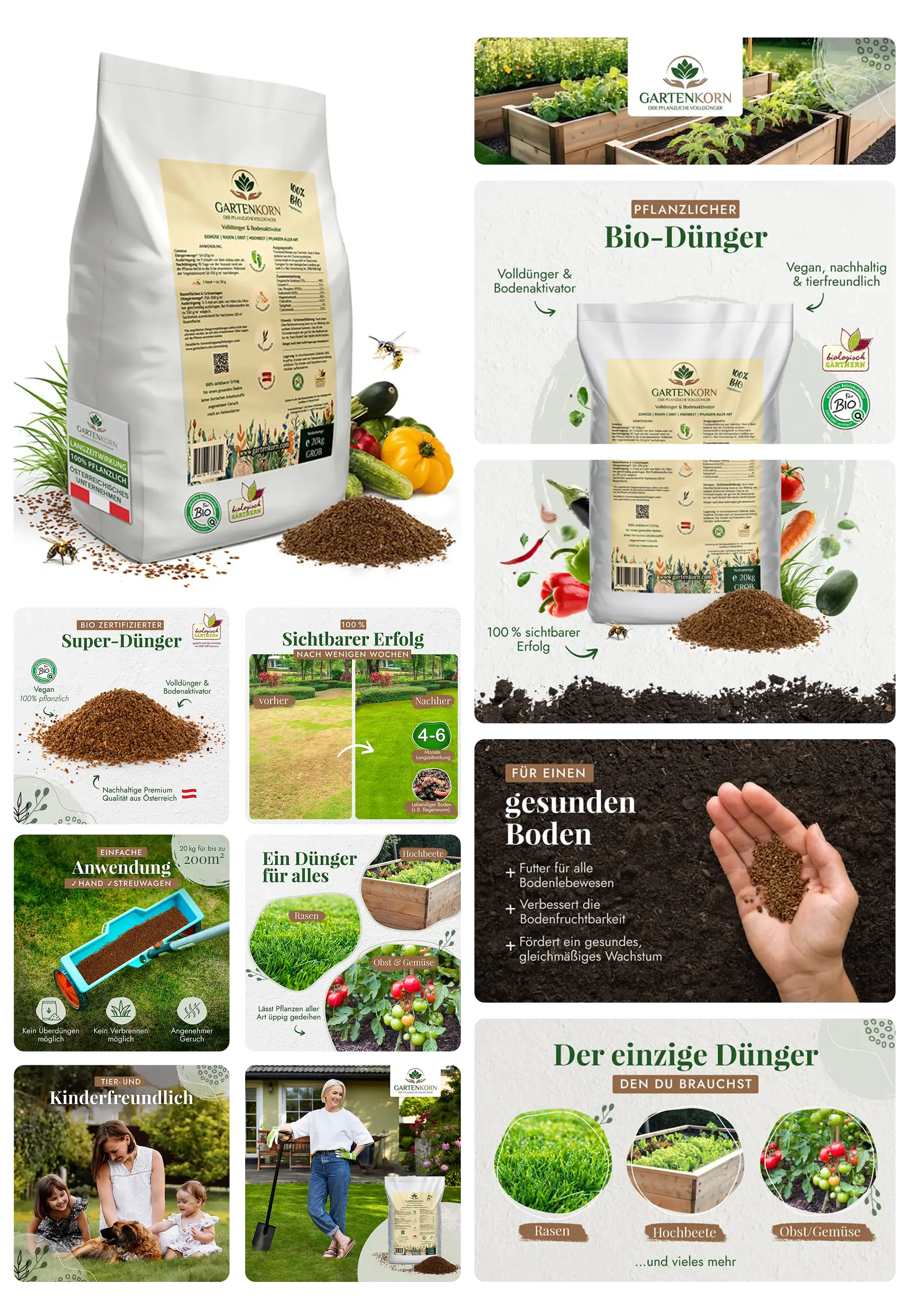 Ein Bio-Dünger namens "Gartenkorn" wird in einem detaillierten Bild-Set vorgestellt. Es zeigt eine Verpackung des Produkts, Anwendungsbeispiele in Hochbeeten, Gärten und auf dem Rasen. Grafiken heben Eigenschaften wie die pflanzliche, vegane und tierfreundliche Formulierung, die Sichtbarkeit der Ergebnisse und die Verwendung für einen gesunden Boden hervor.