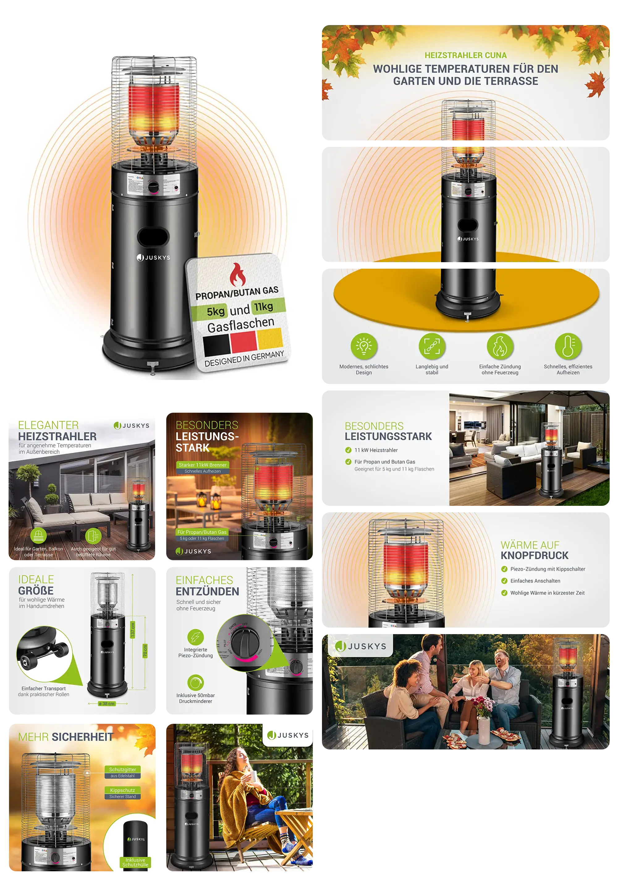 Gasbetriebener Heizstrahler von Juskys, Modell Cuna, für den Einsatz auf der Terrasse und im Garten. Das Produktbild zeigt den schwarzen Heizpilz in verschiedenen Ansichten, beleuchtet und in einer Außenumgebung.