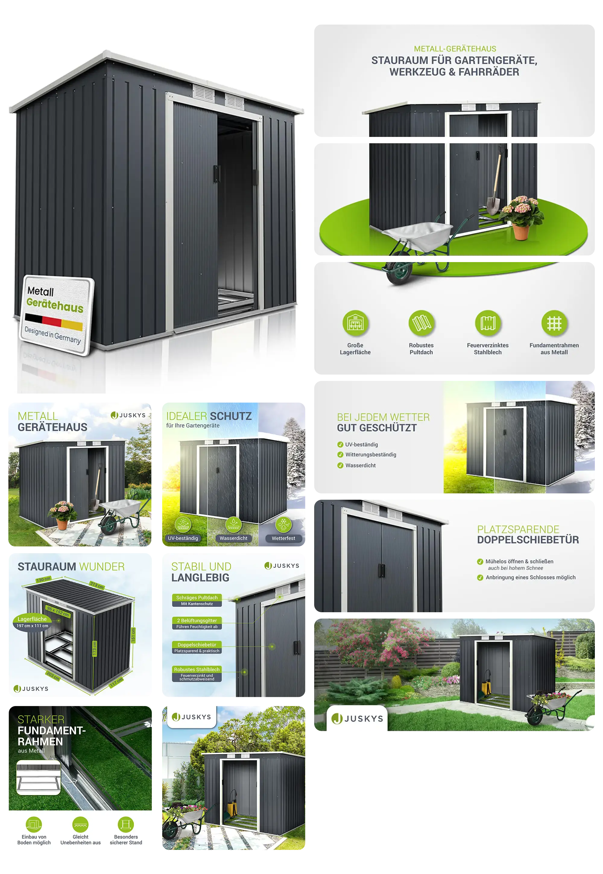 Graues Metall-Gerätehaus von Juskys, ideal zur Aufbewahrung von Gartengeräten, Werkzeugen und Fahrrädern. Das Bild zeigt das Gartenhaus aus verschiedenen Blickwinkeln und in unterschiedlichen Umgebungen, wobei die robusten und wetterfesten Eigenschaften hervorgehoben werden.