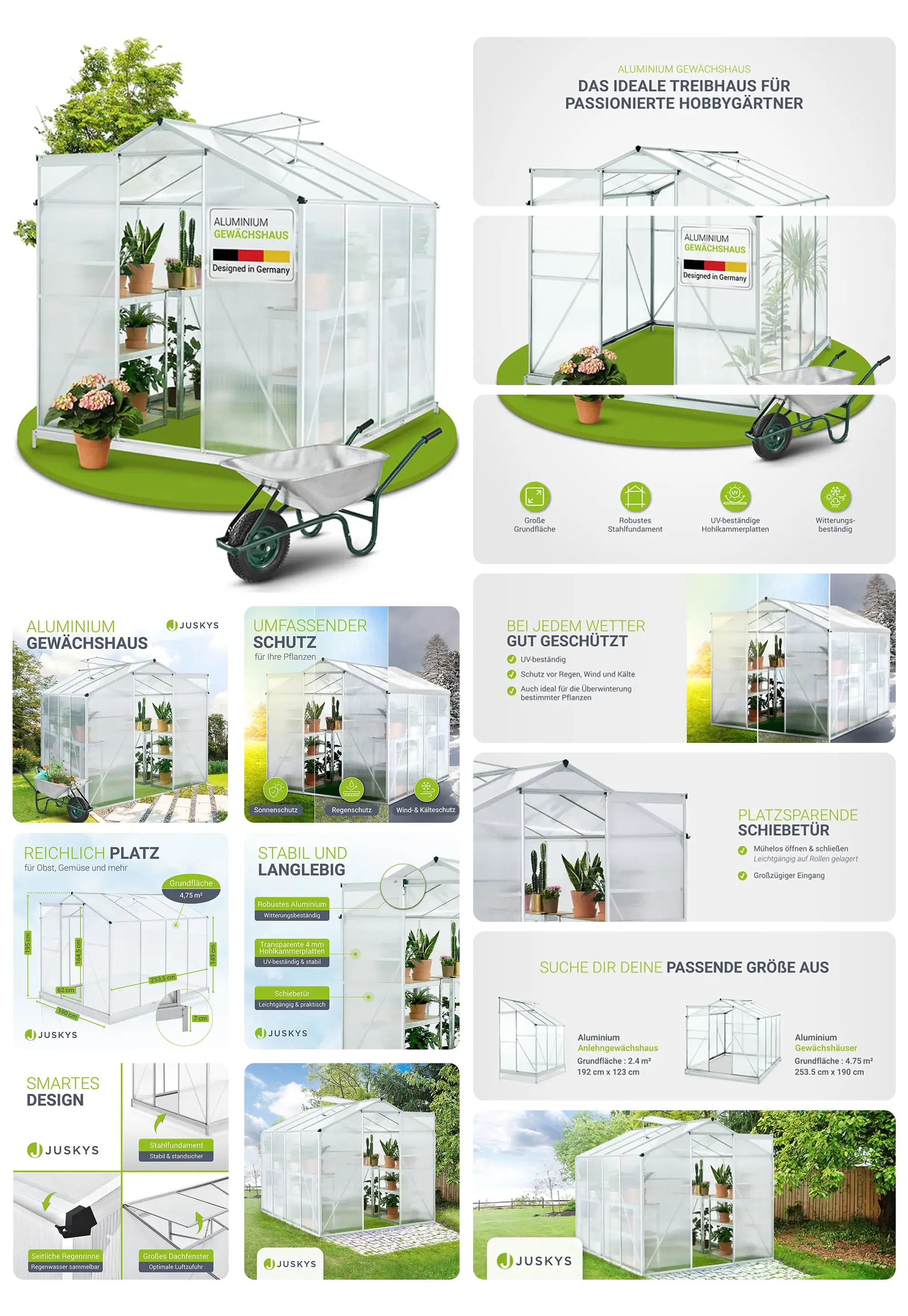 Aluminium-Gewächshaus von Juskys, ideal für Hobbygärtner. Das Bild zeigt das Gewächshaus in einer Garteneinstellung, gefüllt mit Pflanzen, und hebt seine Stabilität und Witterungsbeständigkeit hervor.