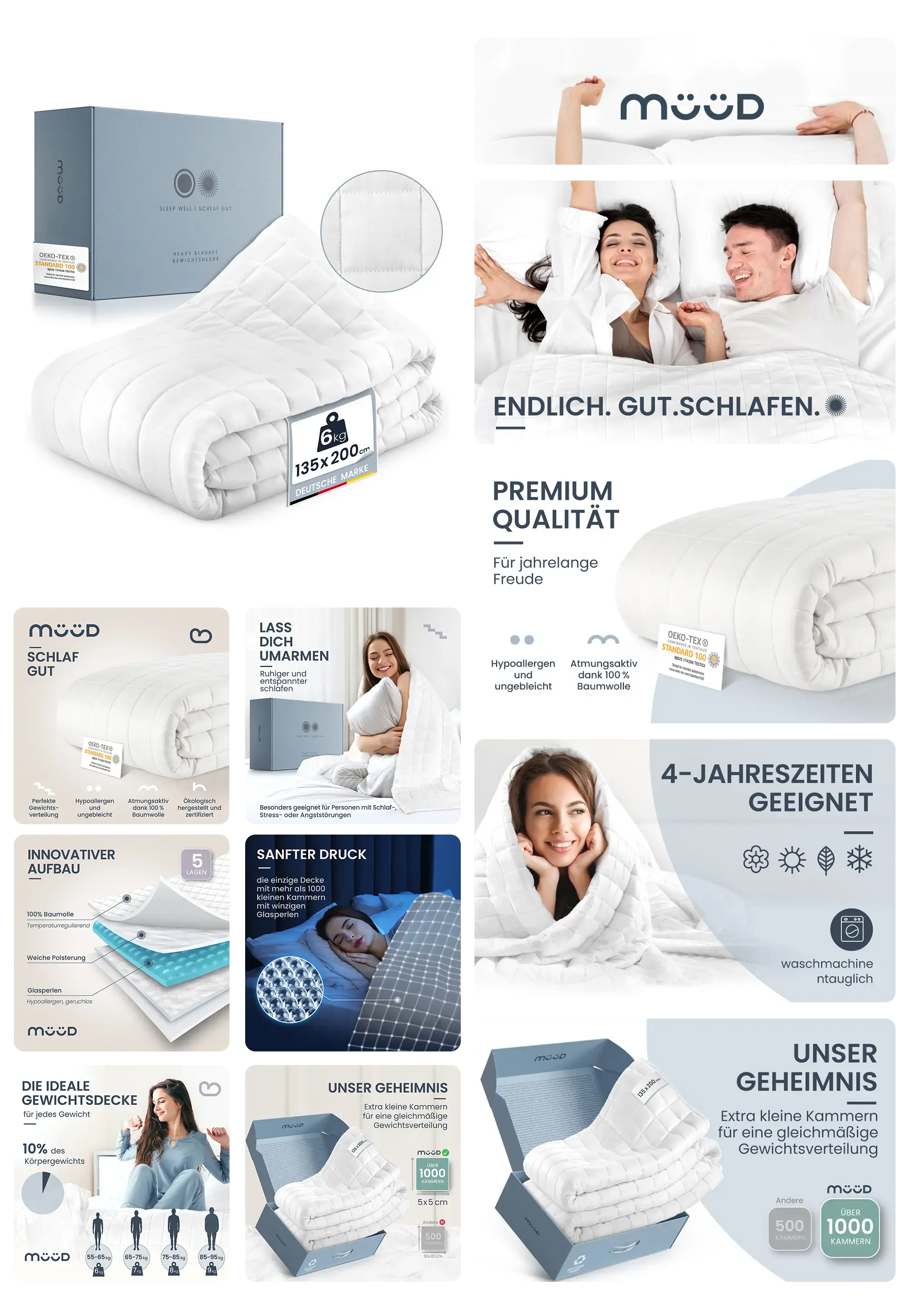 Gewichtsdecke der Marke MOOD, die für besseren Schlaf und Entspannung sorgt. Das Produktbild zeigt die Decke in ihrer Verpackung, auf einem Bett und in Gebrauch, wobei die beruhigende Wirkung und die hochwertige Füllung hervorgehoben werden.