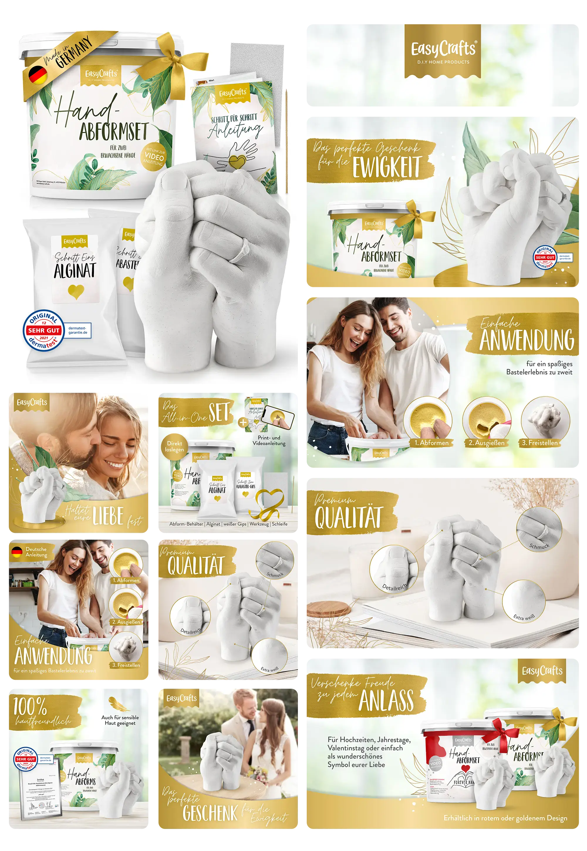 Handabdruckset von EasyCrafts zur Erstellung eines Gipsabdrucks von Händen. Das Produktbild zeigt das Set und das fertige Gipsmodell von ineinander verschlungenen Händen, sowie ein Paar, das das Set gemeinsam verwendet.