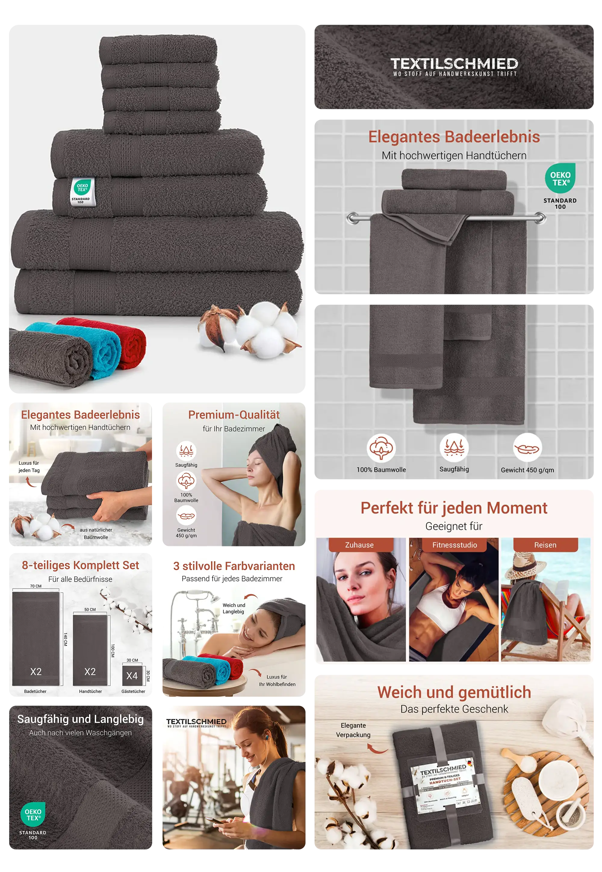 Set aus grauen und farbigen Handtüchern von Textilschmied. Das Bild zeigt das 8-teilige Set gestapelt, einzeln und im Gebrauch in verschiedenen Situationen wie Badezimmer, Fitnessstudio und auf Reisen.