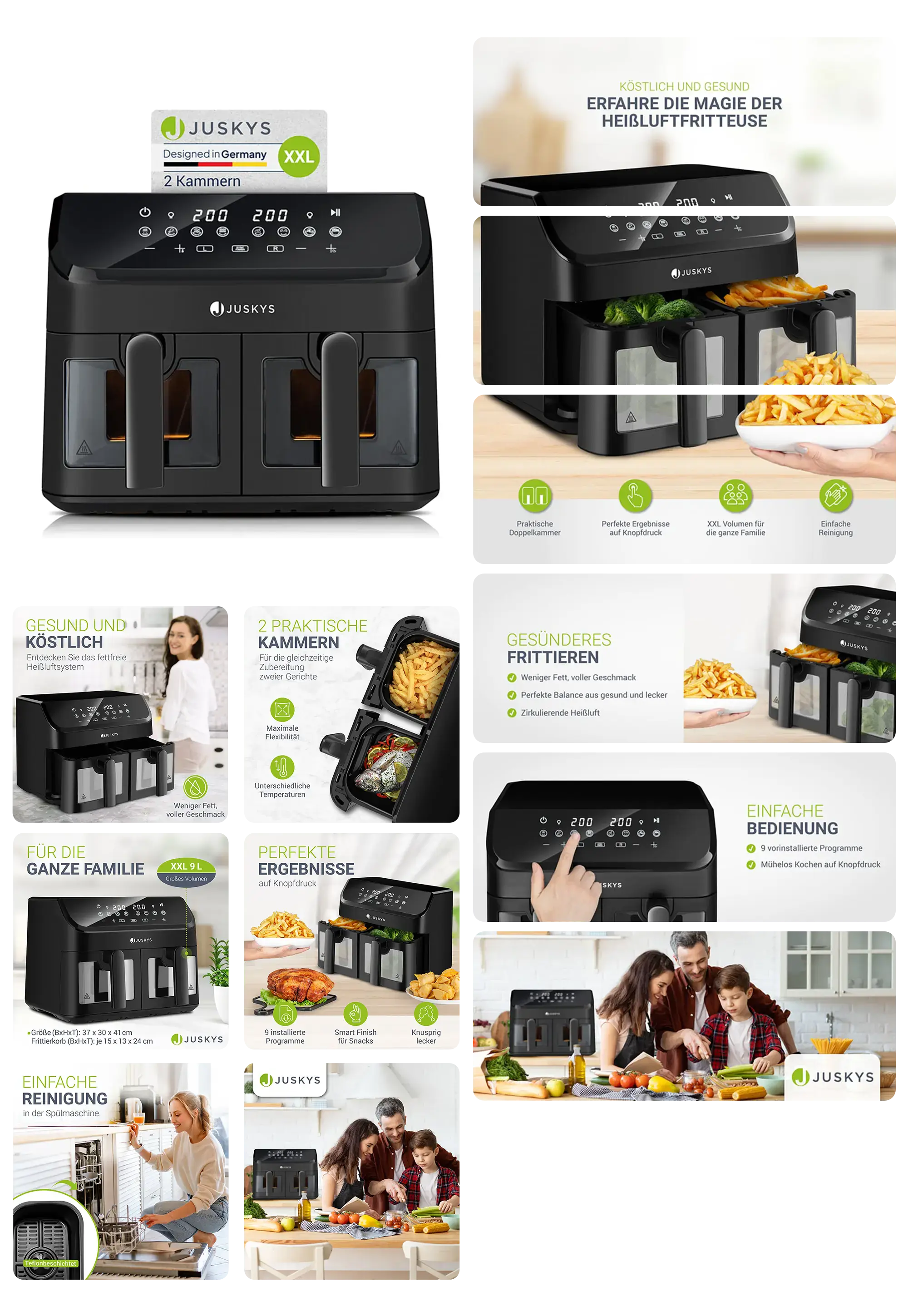 Doppelkammer-Heißluftfritteuse von Juskys, ideal für fettarmes Kochen. Das Bild zeigt das schwarze Küchengerät mit seinen beiden Körben, die mit Pommes gefüllt sind, und hebt die einfache Handhabung und die gesunden Kochergebnisse hervor.