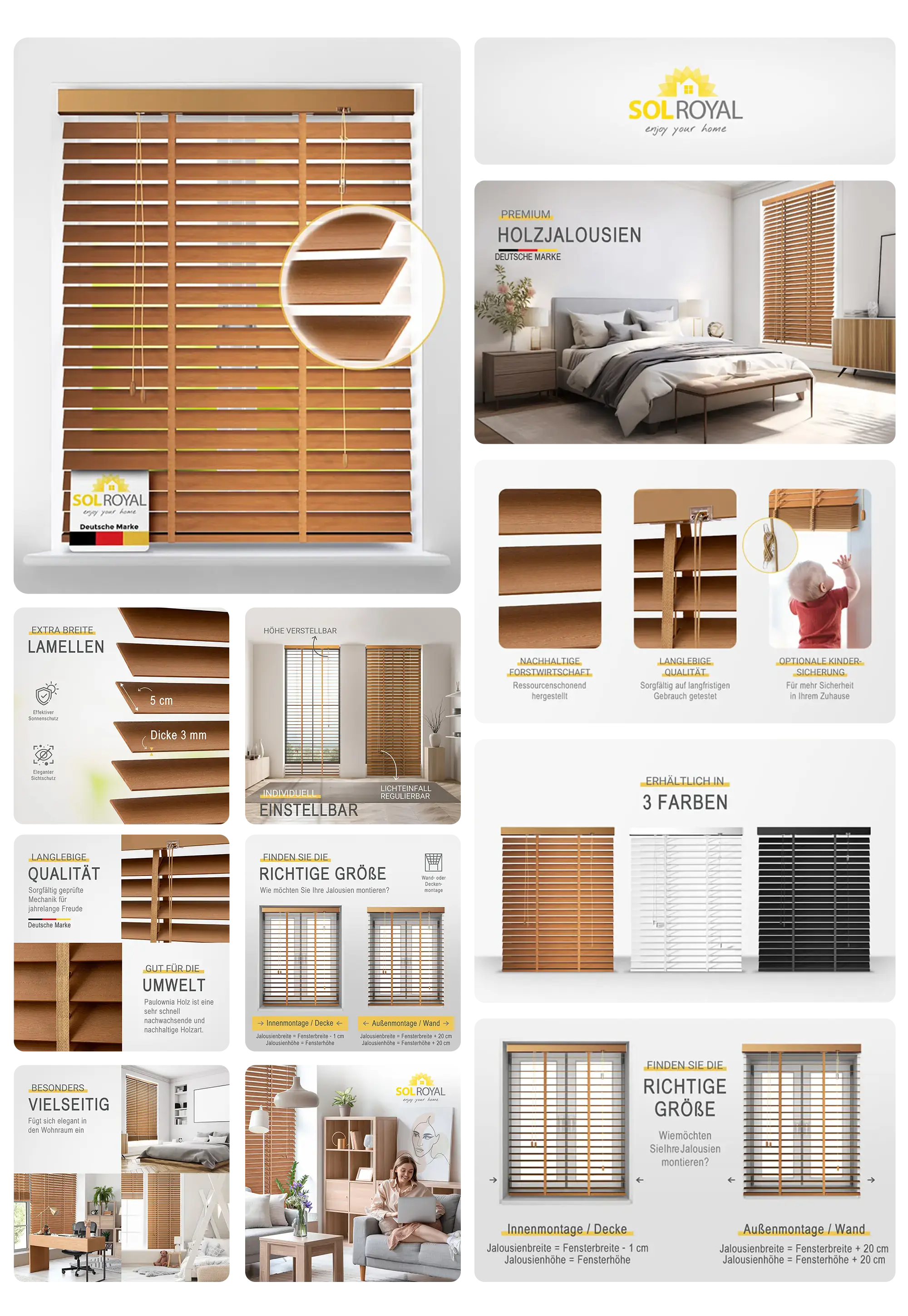 Premium-Holzjalousien der Marke Sol Royal. Das Produktbild zeigt die Jalousien in einer hellen Holzfarbe, an einem Fenster montiert, sowie Details wie die Lamellenbreite und verschiedene Anwendungsbeispiele in einem Schlaf- und Wohnzimmer.