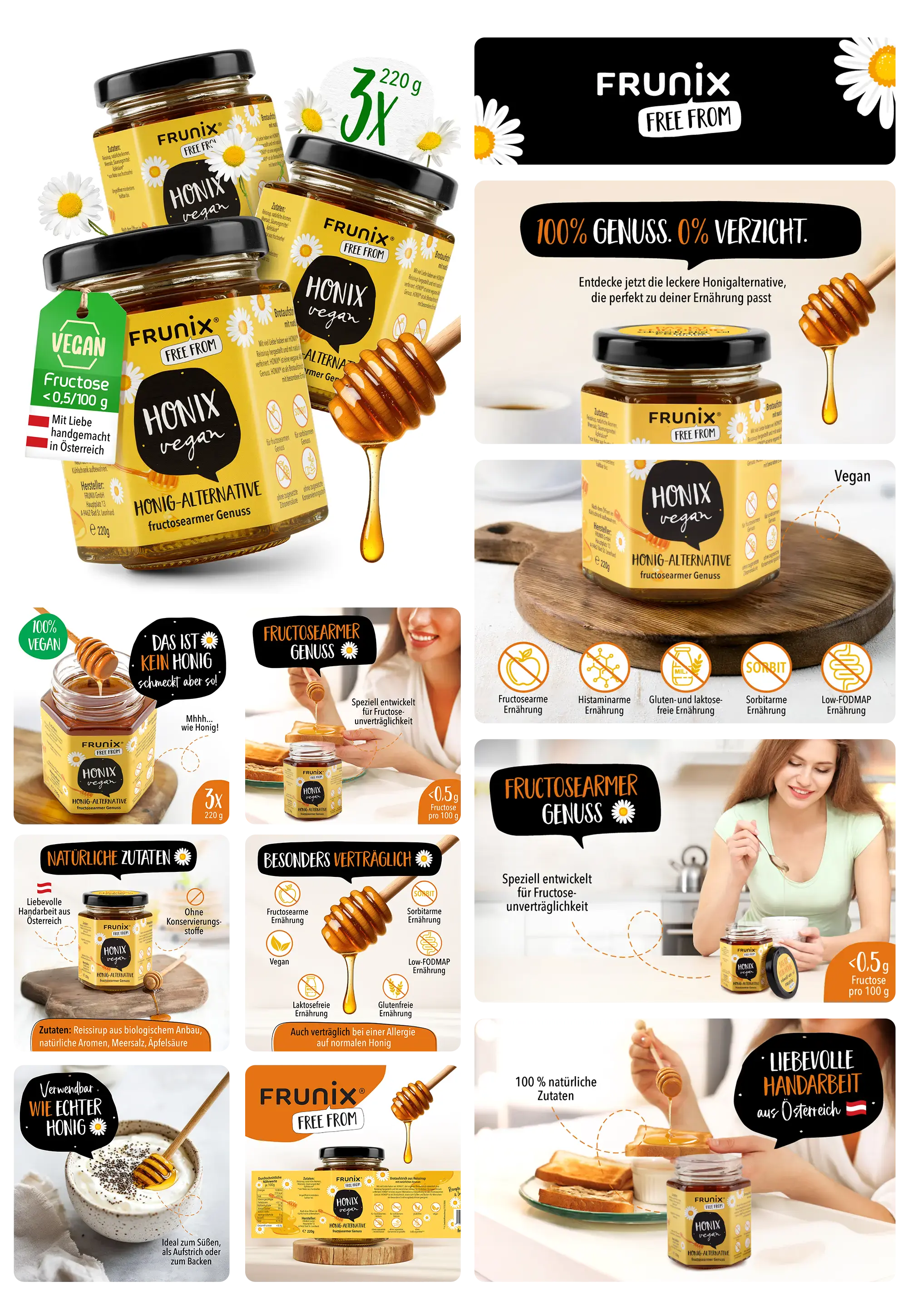 Set aus drei Gläsern Honig-Alternative von FRUNIX FREE FROM. Das Bild zeigt die Gläser, einen Löffel mit dem goldgelben Sirup und Anwendungsbeispiele wie auf Brot und in Joghurt.