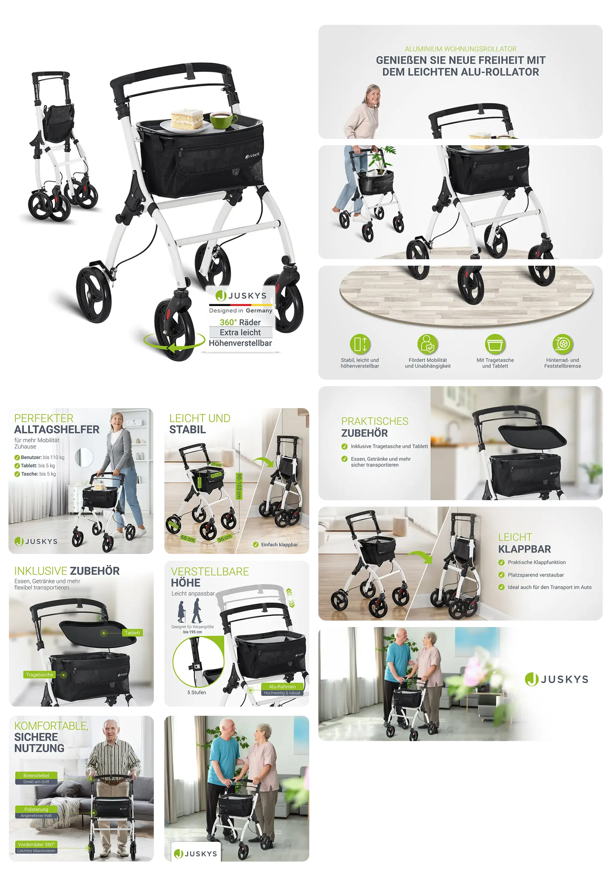 Weißer Aluminium-Indoor-Rollator von Juskys mit Einkaufstasche und Tablett. Das Produktbild zeigt die Gehhilfe in verschiedenen Ansichten und Anwendungsbereichen, wobei die leichte Bauweise, die Höhenverstellbarkeit und die klappbare Funktion hervorgehoben werden.