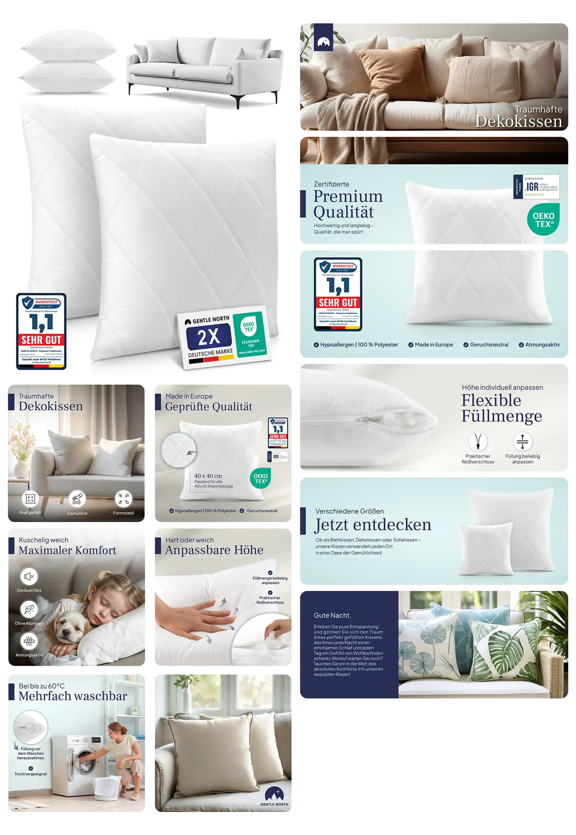 Zwei weiße Kissen der Marke GENTLE NORTH. Das Produktbild zeigt die Kissen in verschiedenen Größen auf einem Sofa und einem Bett, wobei die waschbare, hypoallergene und anpassbare Füllung hervorgehoben wird.