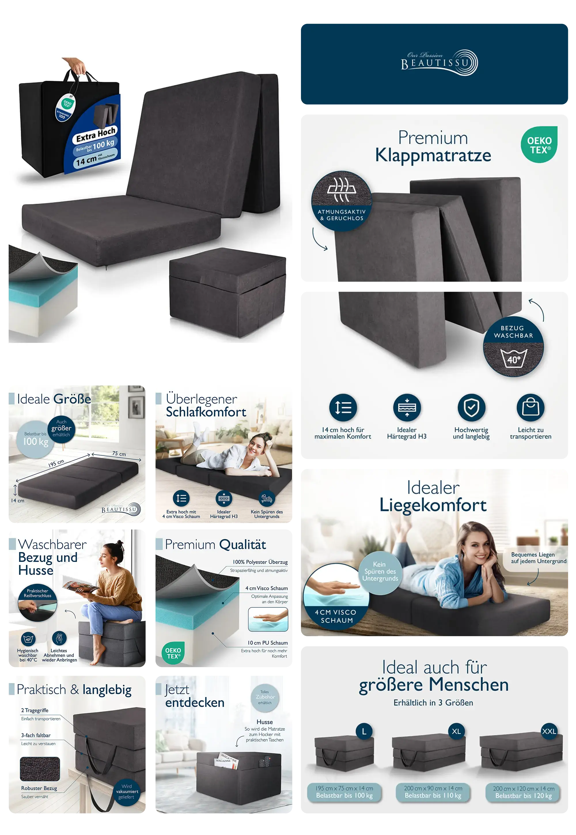 Graue Klappmatratze von BEAUTISSU. Die Bilder zeigen die Matratze in aufgeklappter und gefalteter Form, sowie in Verwendung als Gästebett und Sitzwürfel, wobei die 14 cm Dicke und die waschbare Hülle hervorgehoben werden.