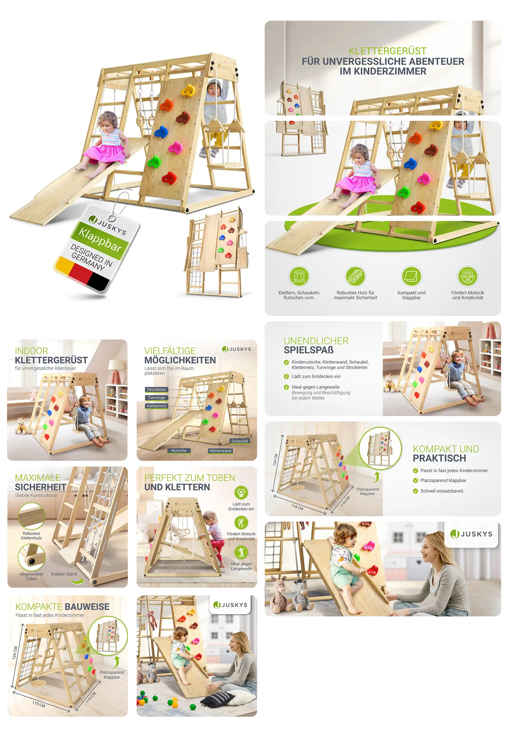 Faltbares Klettergerüst von Juskys für den Innenbereich. Die Produktbilder zeigen das Holzspielgerät mit Kletterwand und Rutsche in einem Kinderzimmer, wobei die kompakte Bauweise und die verschiedenen Spielmöglichkeiten hervorgehoben werden.