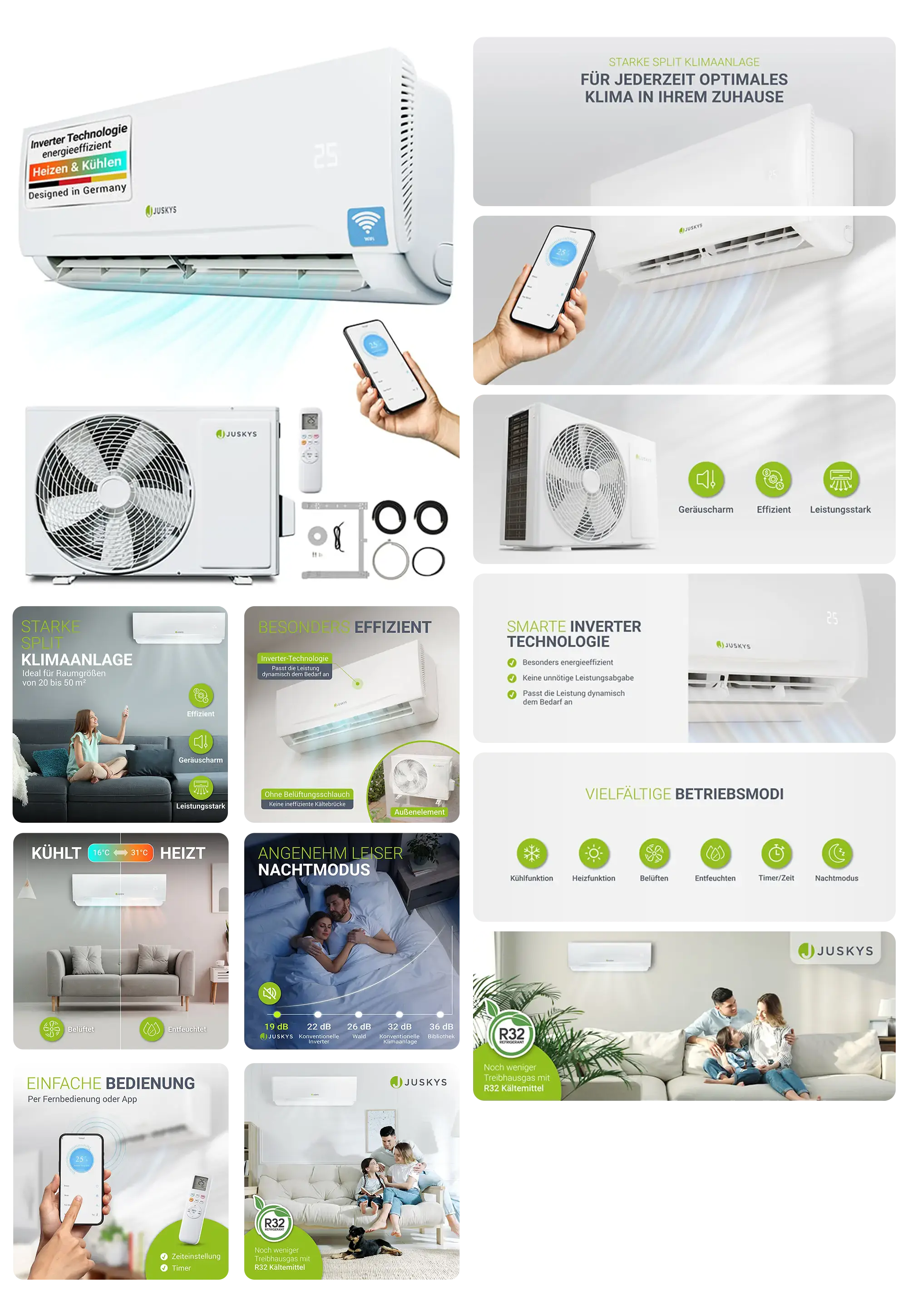 Inverter-Klimaanlage von Juskys, die sowohl heizen als auch kühlen kann. Die Bilder zeigen das Innen- und Außengerät, die Fernbedienung und die Bedienung per App. Verschiedene Betriebsmodi und die leise Funktion werden hervorgehoben.