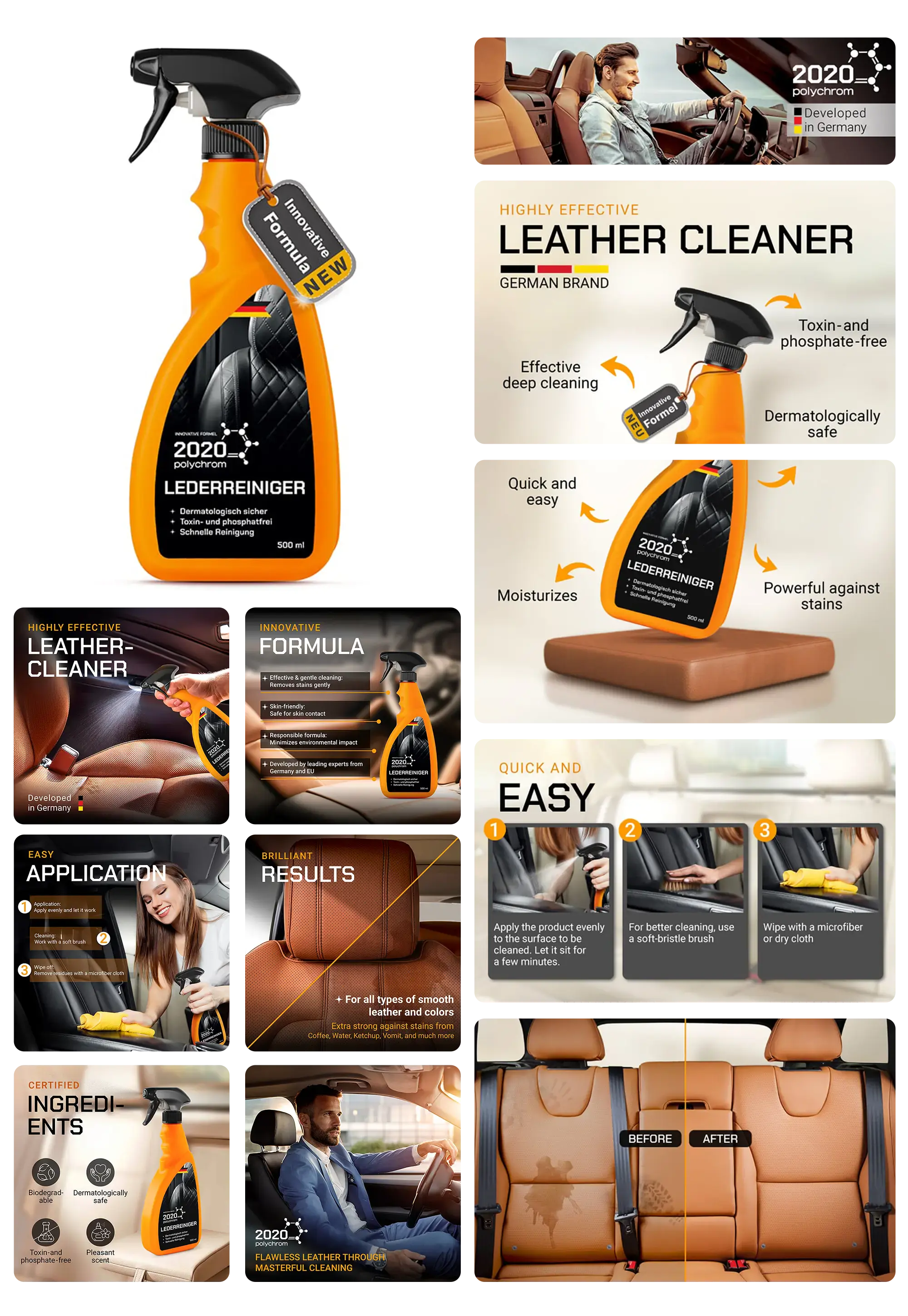 Flasche des 2020 Leather Cleaner von POLYCHROM, einem Reiniger für Leder. Die Produktbilder zeigen die Anwendung des Sprays auf Autositzen und heben die Wirksamkeit, die einfache Handhabung und die dermatologisch sicheren Inhaltsstoffe hervor.