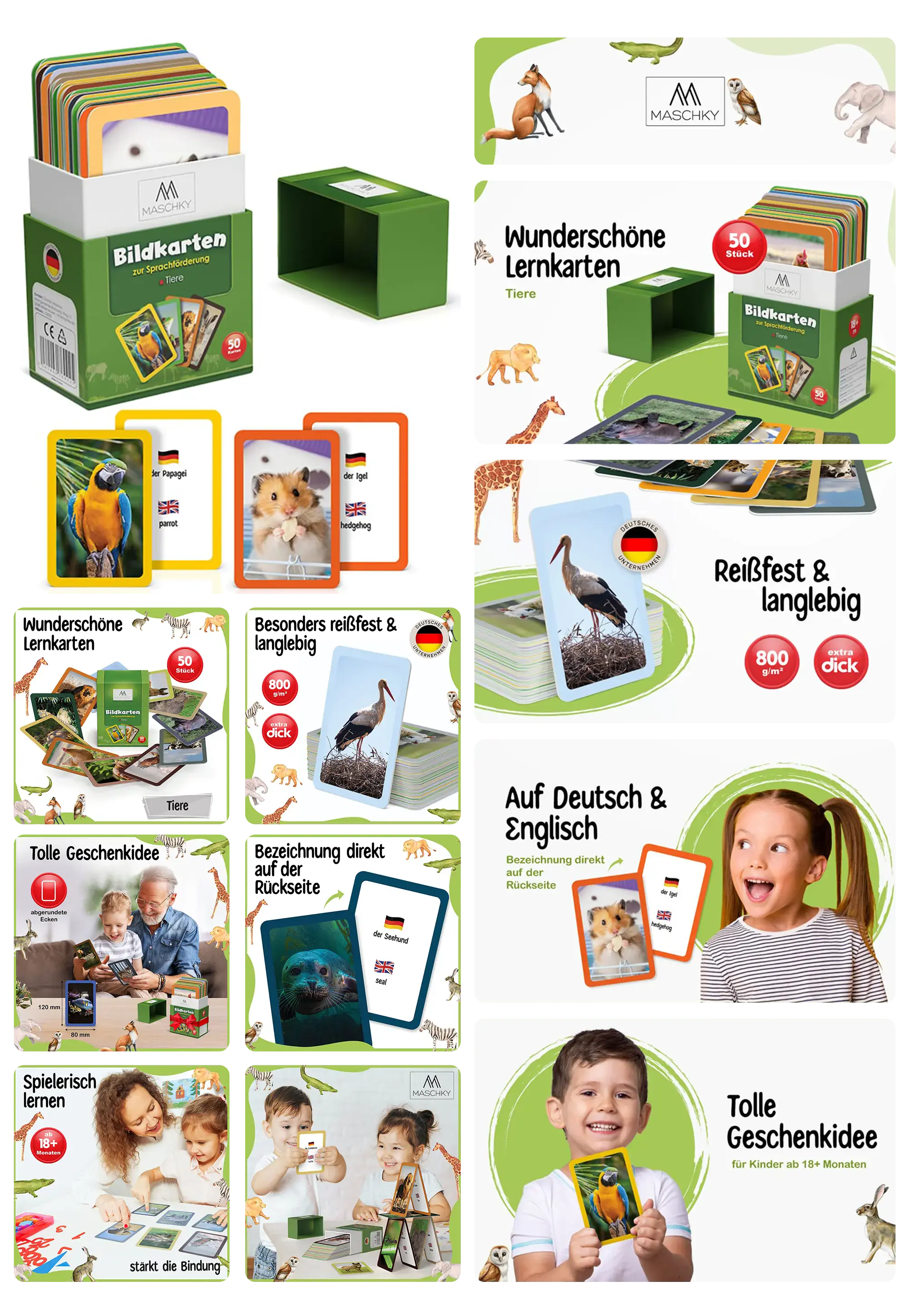 Set aus Lernkarten für Kinder von Maschky, mit Tiermotiven und Bezeichnungen in Deutsch und Englisch. Das Produktbild zeigt die Verpackung, die Karten einzeln und wie Kinder mit den Karten spielen.