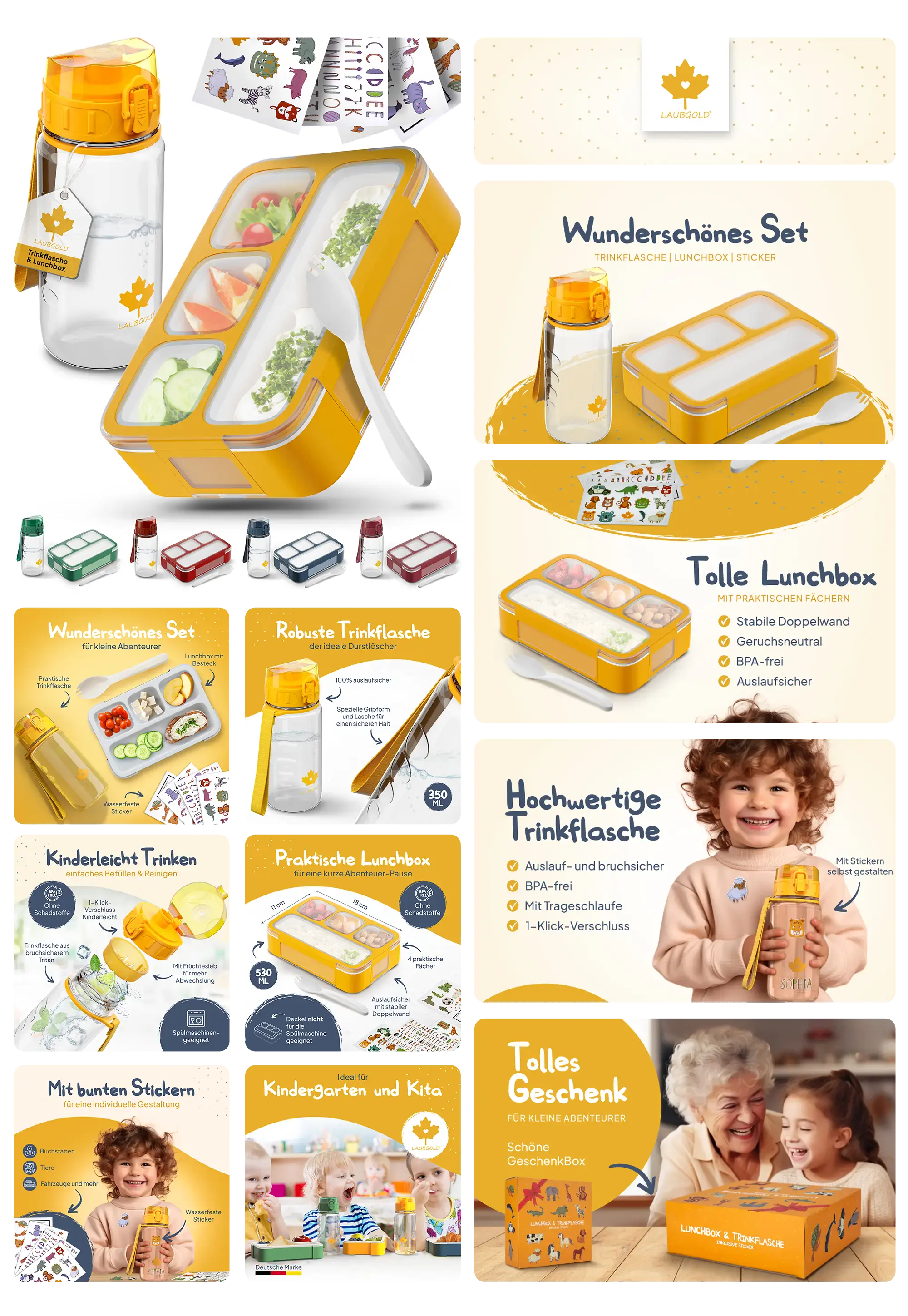 Gelbes Lunchbox-Set von LAUNGLIED, das eine Brotdose mit Fächern, eine Trinkflasche und Aufkleber enthält. Die Bilder zeigen die Komponenten einzeln, und in der Hand eines Kleinkindes, wobei die auslaufsichere und robuste Bauweise hervorgehoben wird.